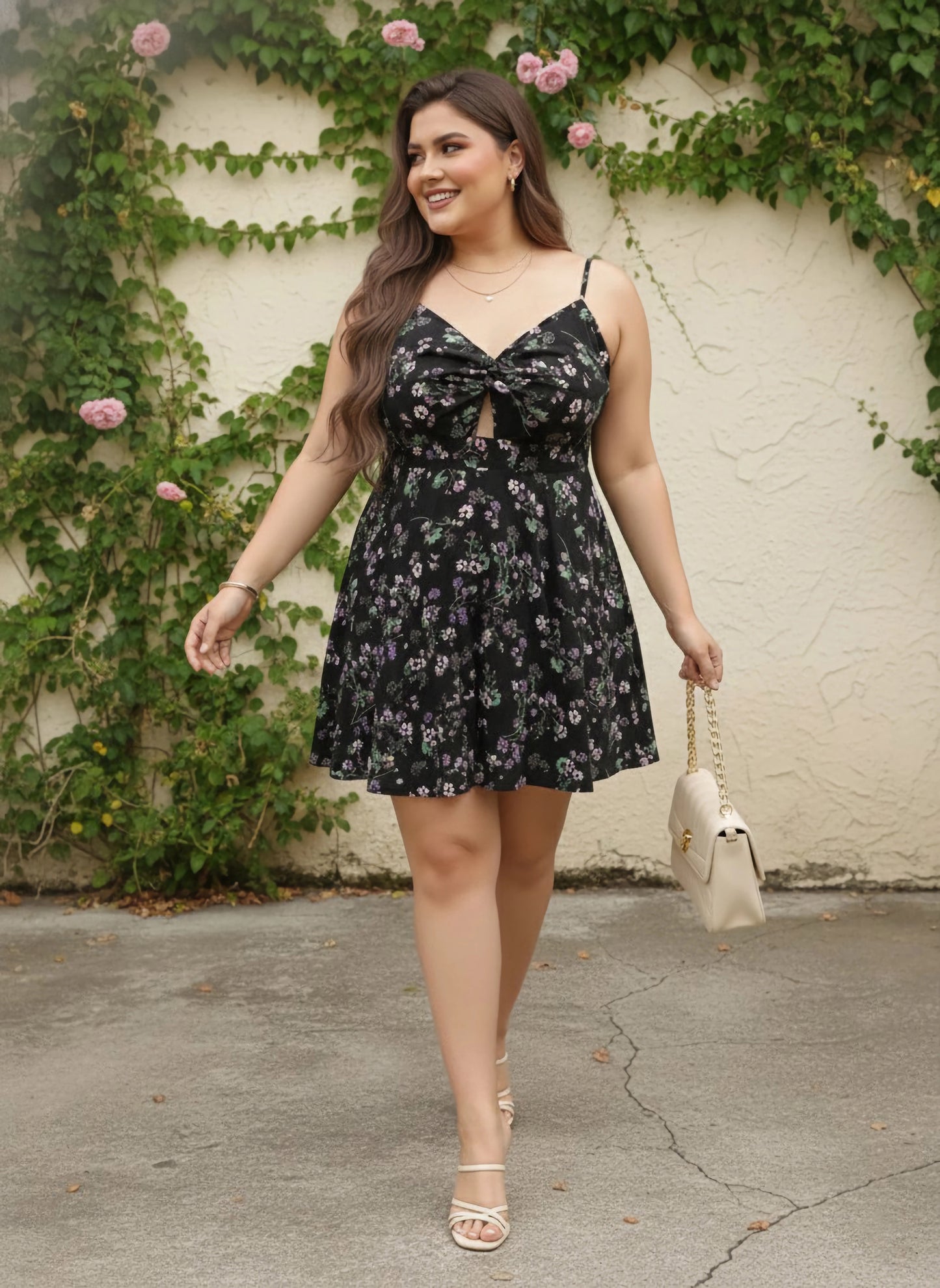 Berrylush Women Plus Size Black & Purple Floral Printed Crepe Front Twist Detail Crepe Mini Dress