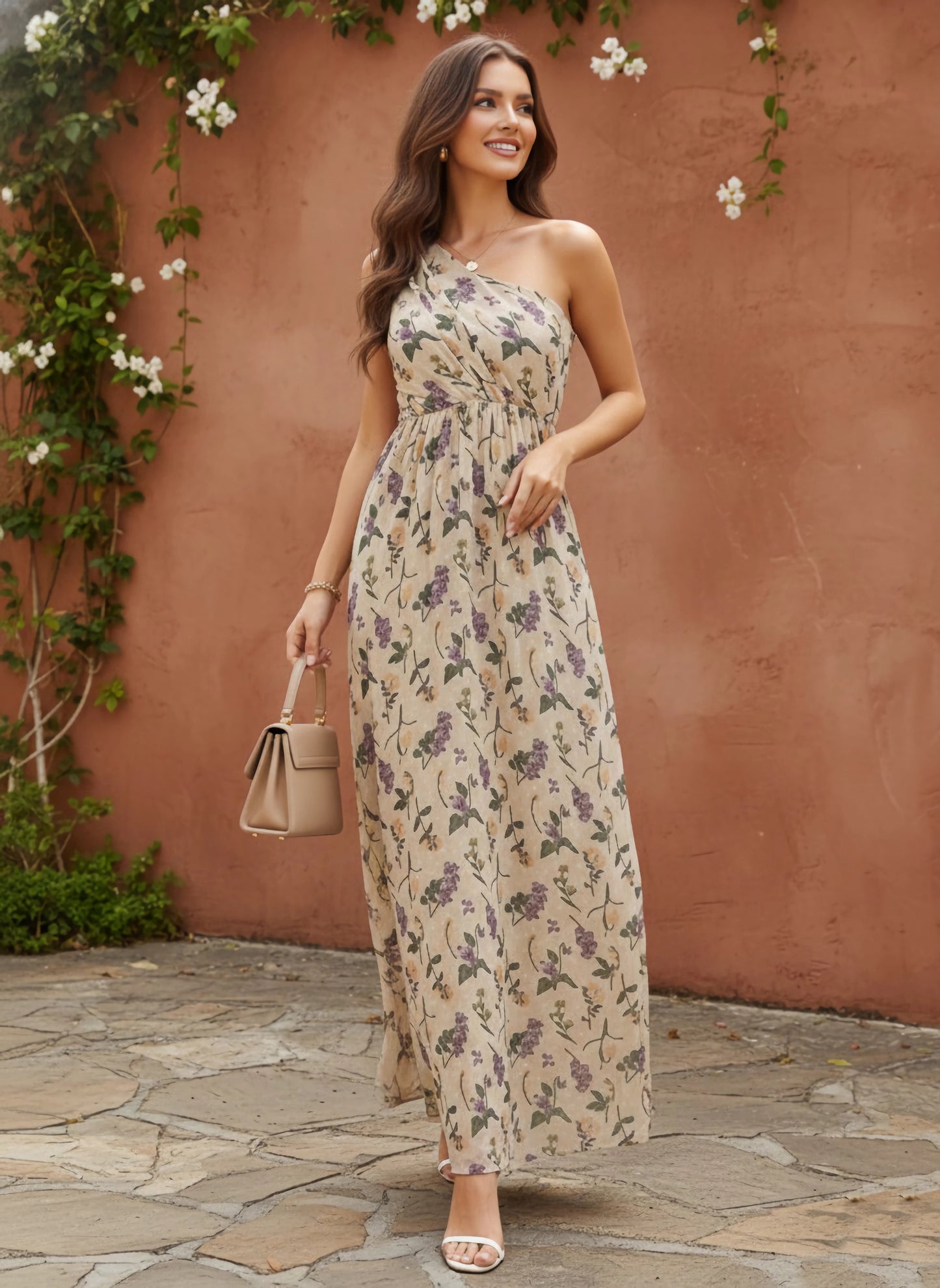 Beige Floral Printed Dobby Weave One-Shoulder Neck Sleeveless Flared Maxi Dress