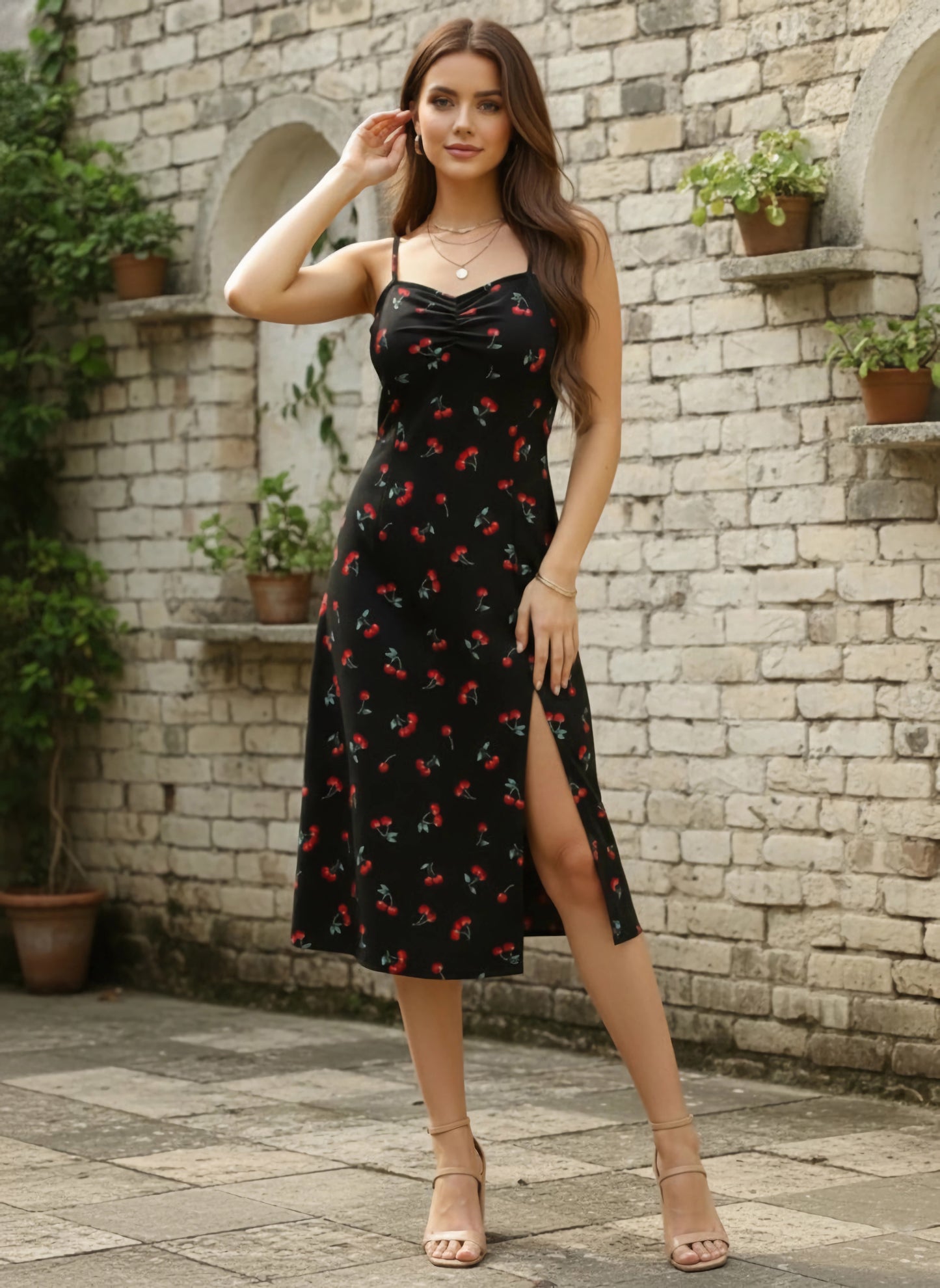 Berrylush Women Black & Red Cherry Printed Sweetheart Neck Straight Hem Slited A-Line Midi Dress