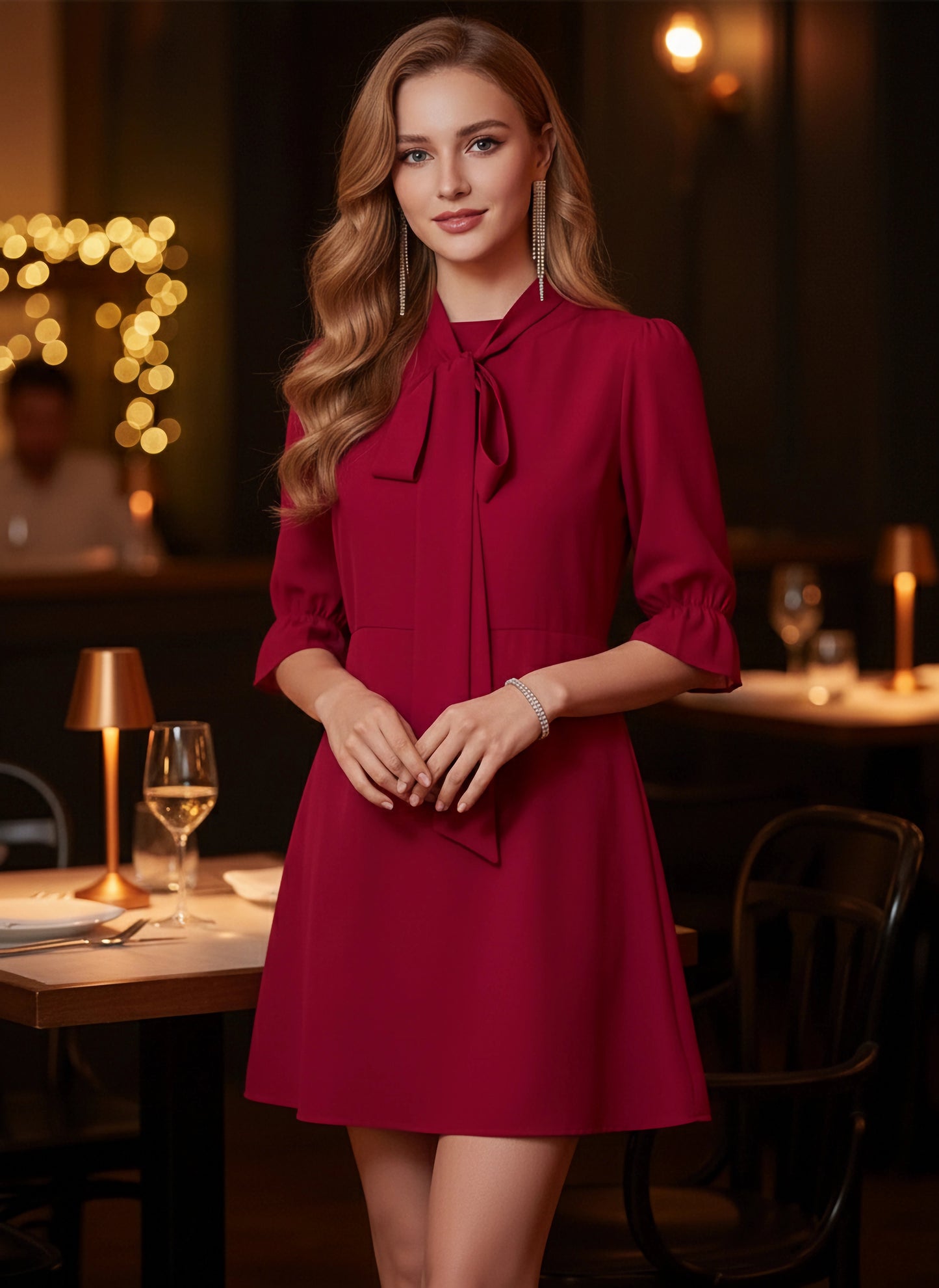 Solid Red Tie-Up Neck Puff Sleeves Semi-Sheer Fit & Flare Mini Dress