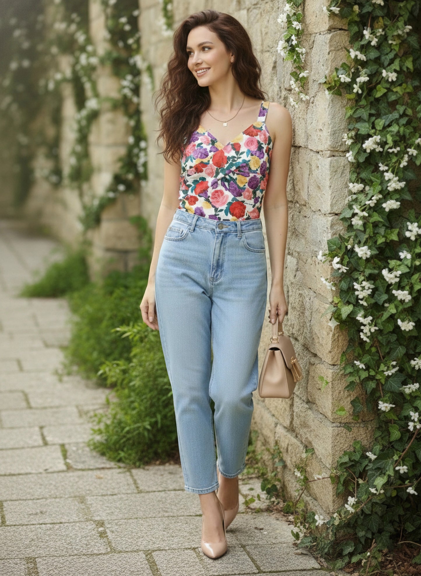 Berrylush Women Multicolour Floral Printed Sweetheart Neck Sleeveless Twisted Front Knitted Regular Top