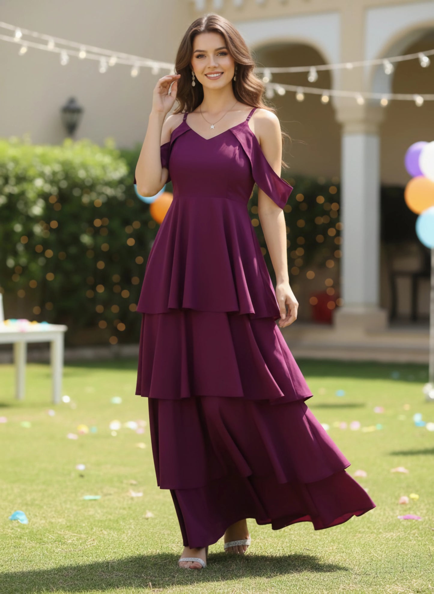 Berrylush Women Solid Purple V-Neck Crepe Layered Maxi Dress