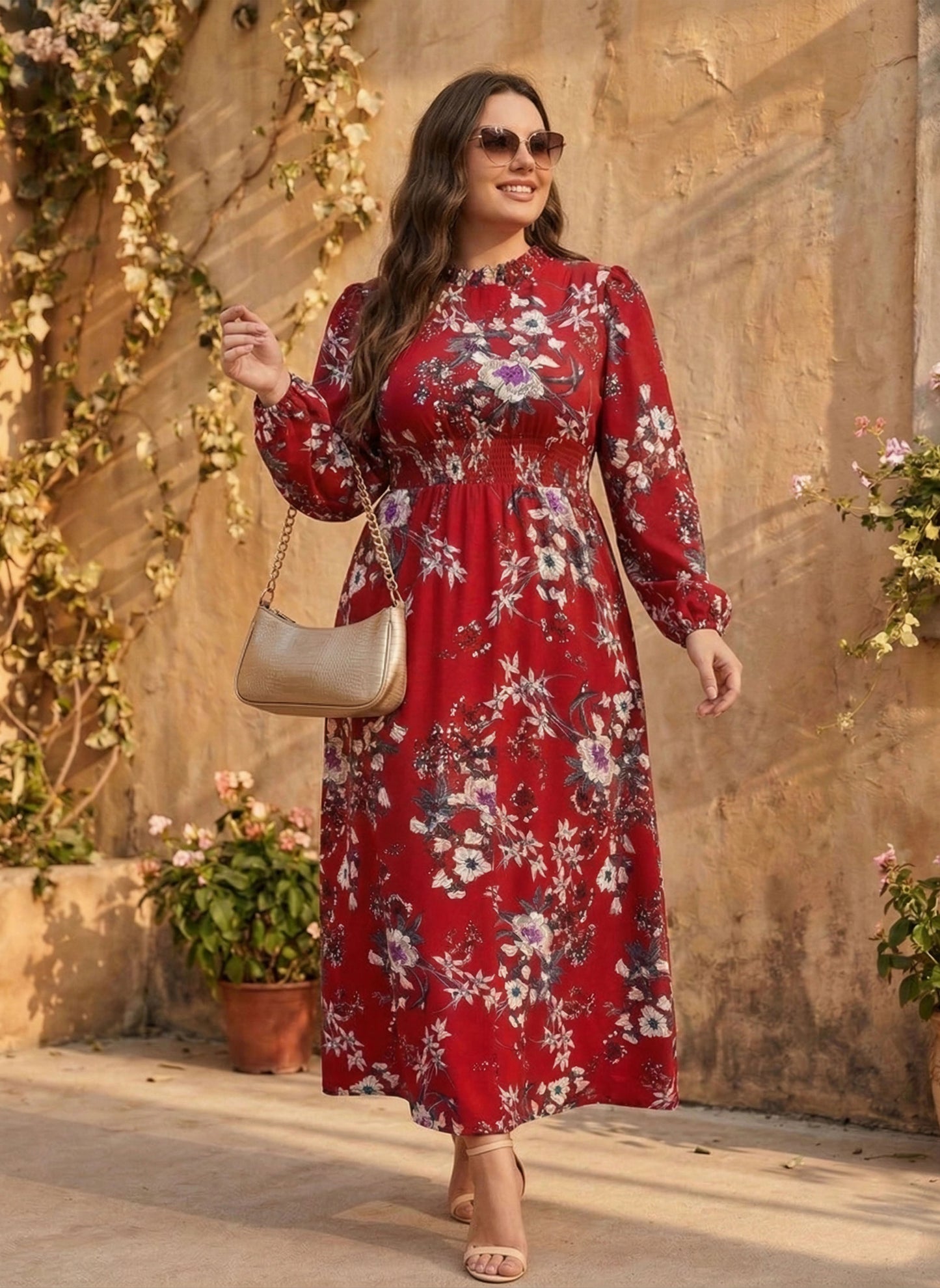 Berrylush Women Plus Size Red & White Floral Printed Mock Neck Smocked A-Line Maxi Dress