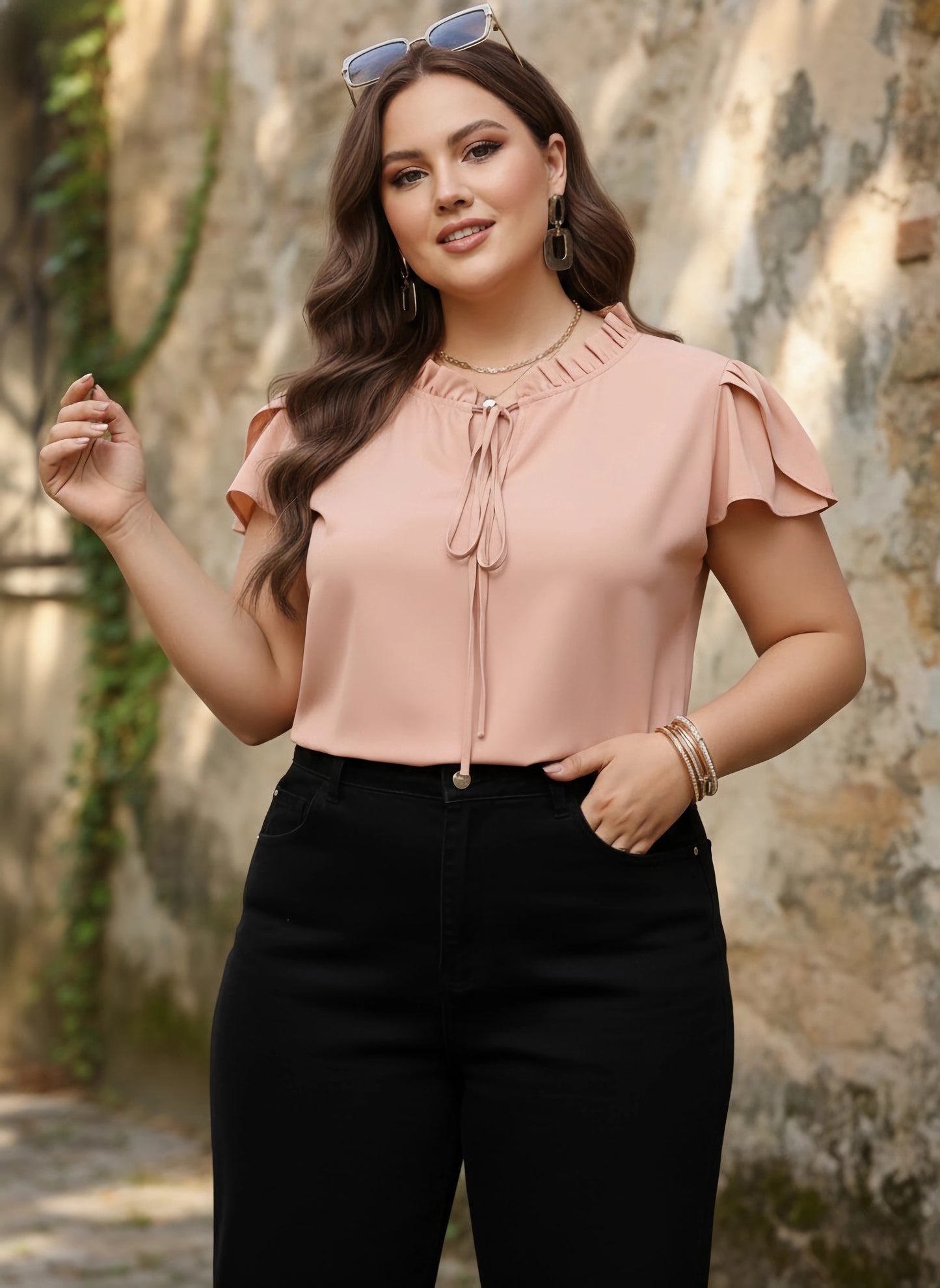 Berrylush Women Plus Size Solid Pink Tie-Up Neck Cap Sleeves Crepe Ruffled Regular Top