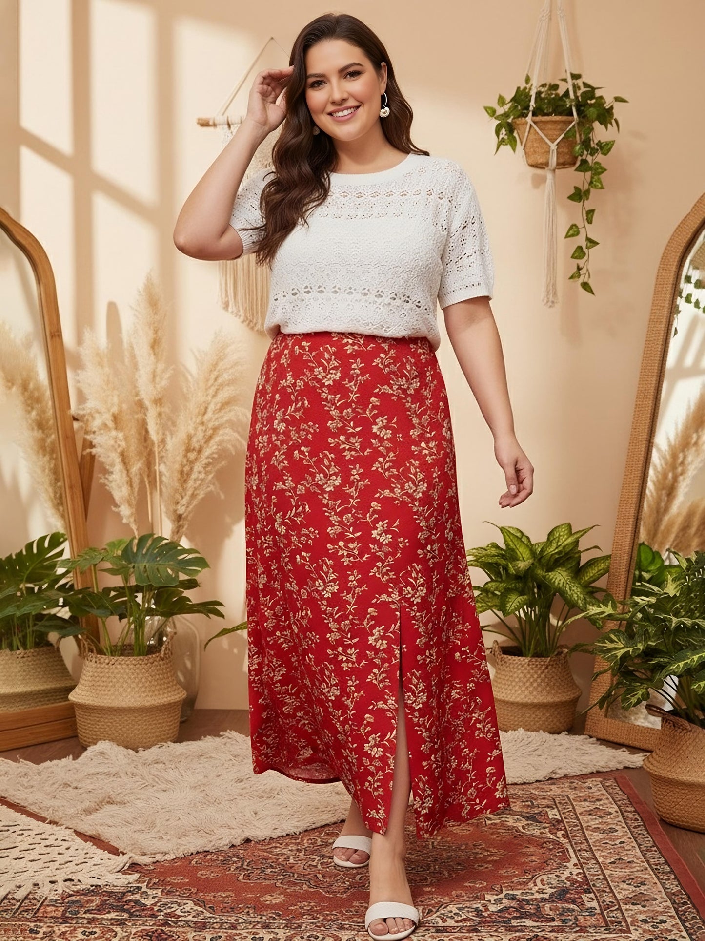 Berrylush Women Plus Size Red & White Floral Printed High-Rise Waist Thigh-High Slit Flared A-Line Maxi Skirt