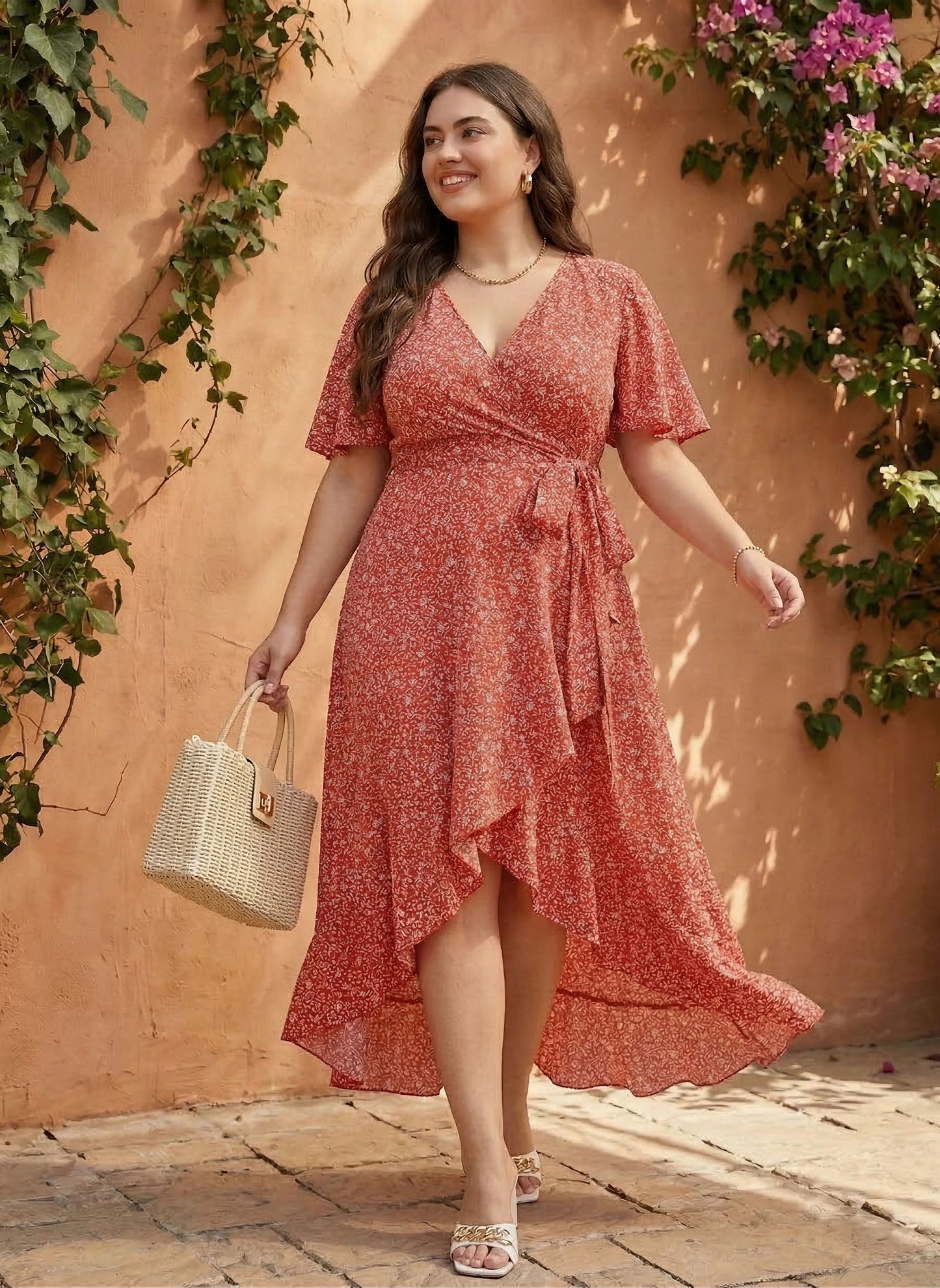 Berrylush Women Plus Size Coral Orange & White Floral Printed V-Neck Waist Tie-Up Crepe Flounce Hem Wrap Maxi Dress