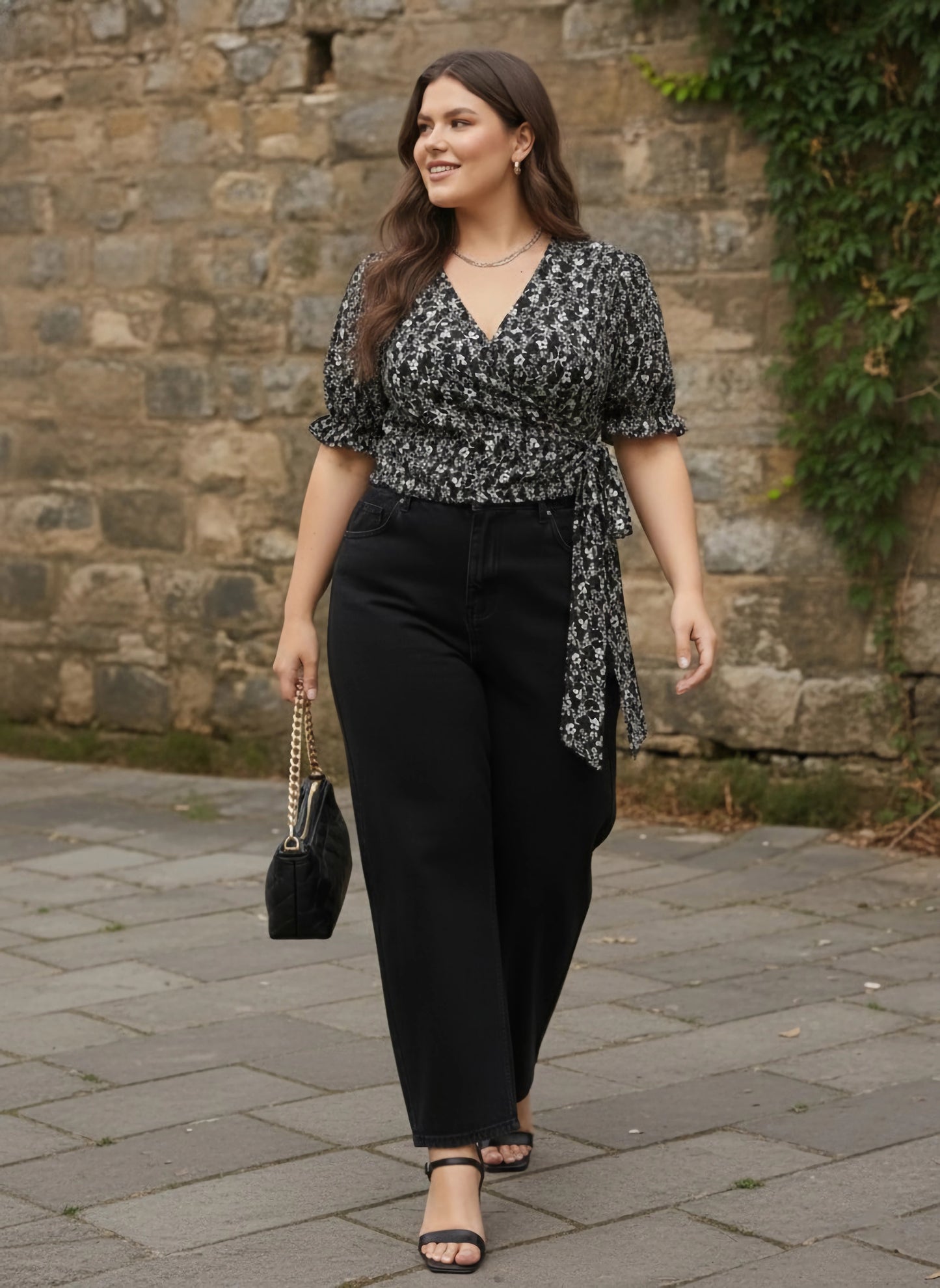 Berrylush Women Plus Size Black & White Floral Printed V-Neck Waist Tie-Up Crepe Wrap Regular Top