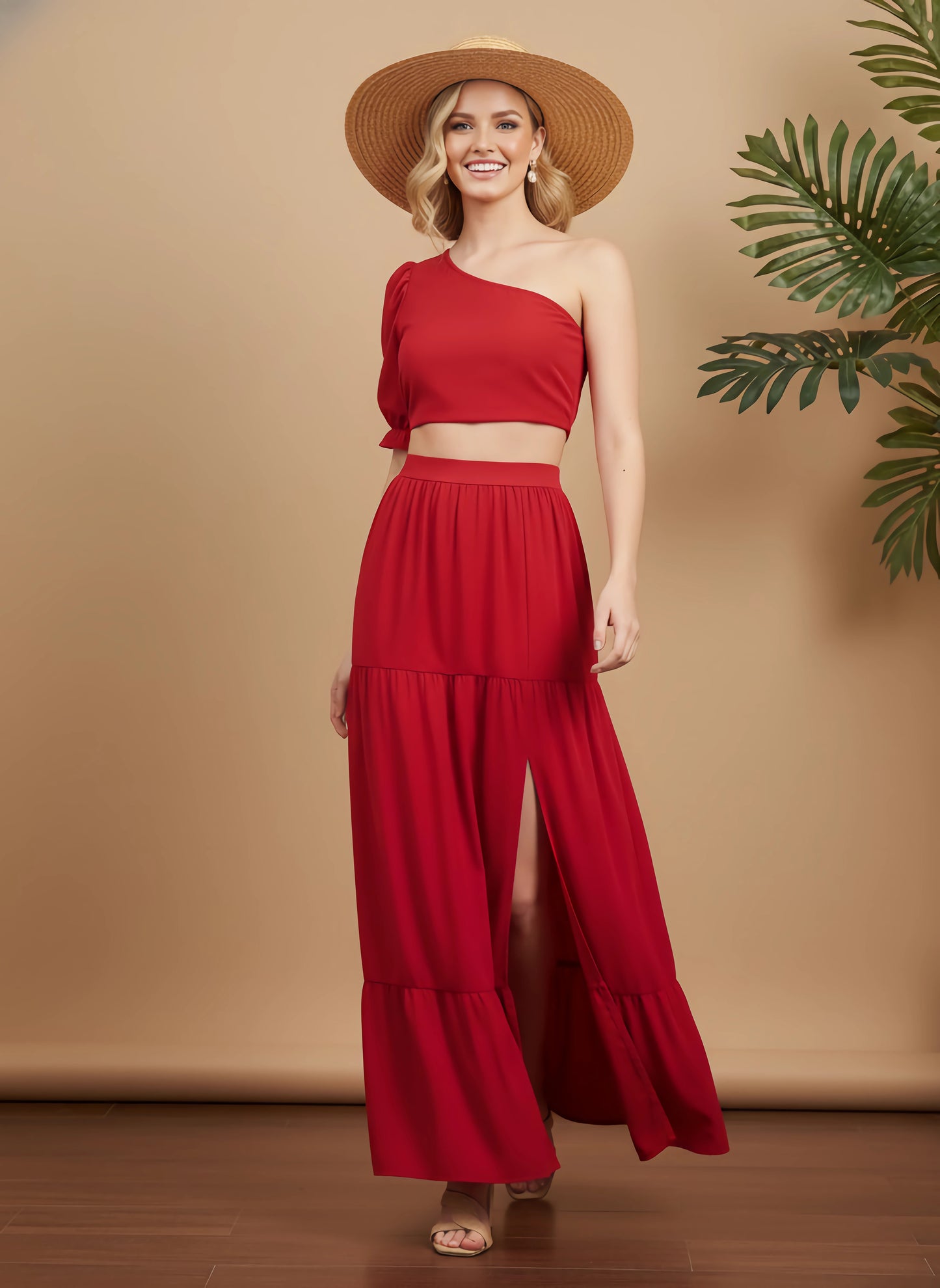 Berrylush Women Solid Red One-Shoulder Neck Puff Sleeves Cropped Top & High-Rise Waist Thigh-High Slit Pleated Maxi Skirt Co-Ord Set