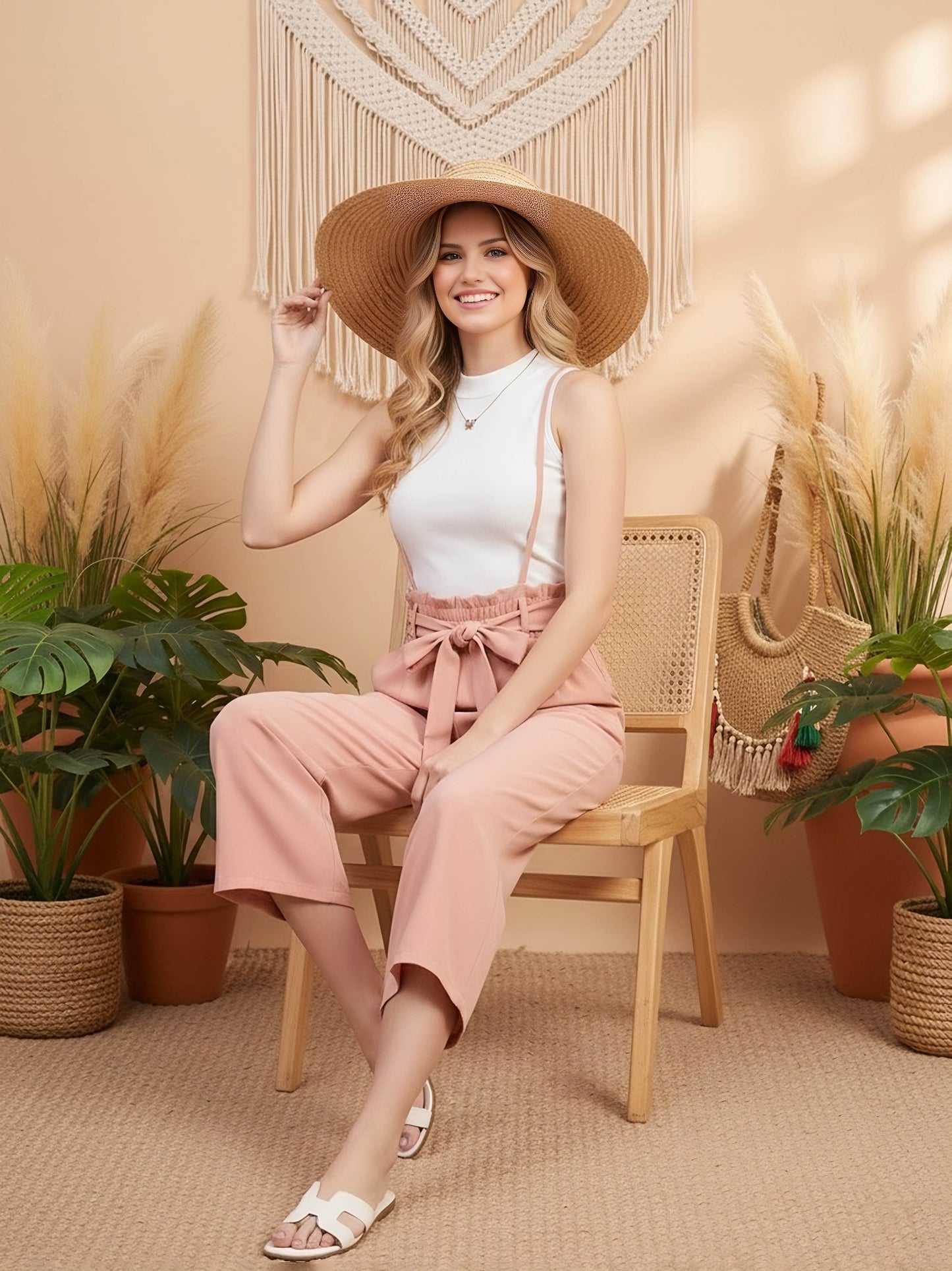 Berrylush Women Solid Light Pink Adjustable Shoulder Straps Sleeveless Tie-Up Waist Back Smocked Midi Capri Jumpsuit