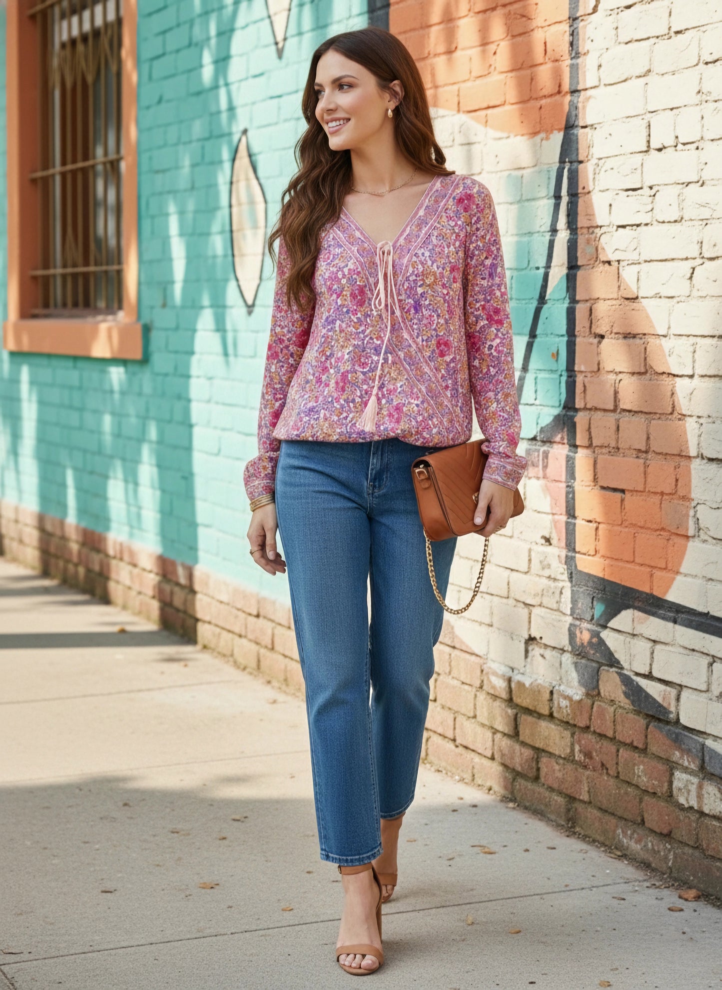 Pink & White Floral Printed V-Neck Front Tie-Up Polyester Wrap Regular Top