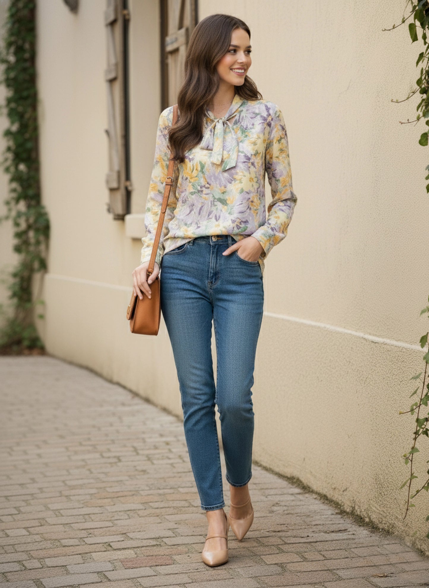 Berrylush Women Purple & Yellow Floral Printed Tie-Up Neck Long Sleeves Straight Hem Regular Top