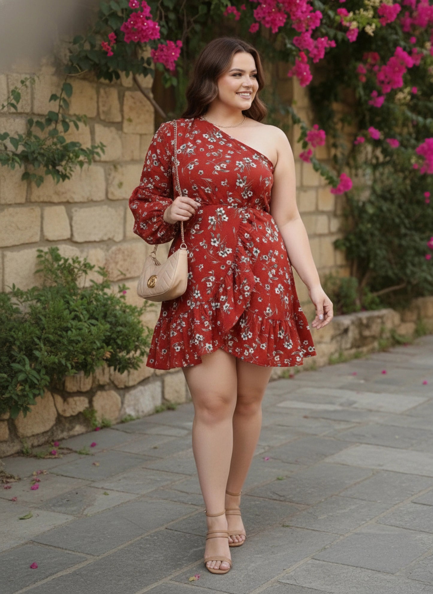 Berrylush Women Plus Size Red Floral Printed One-Shoulder Neck Tulip Hem Pleated A-Line Mini Dress