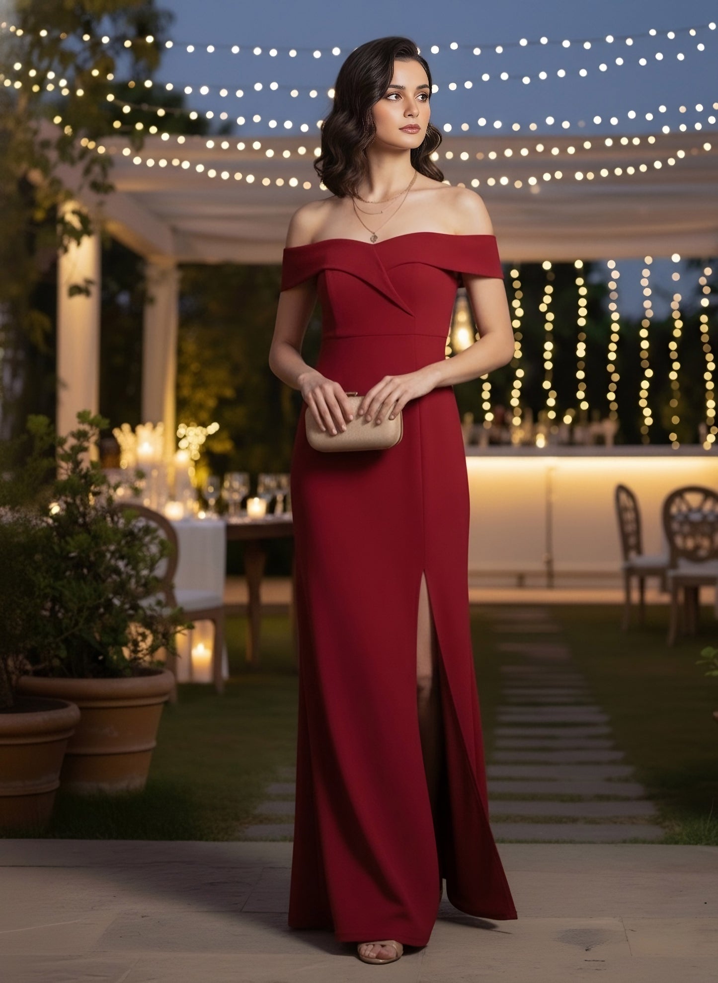 Berrylush Women Solid Red Off-Shoulder Neck Crepe Thigh-High Slit Flared A-Line Maxi Dress