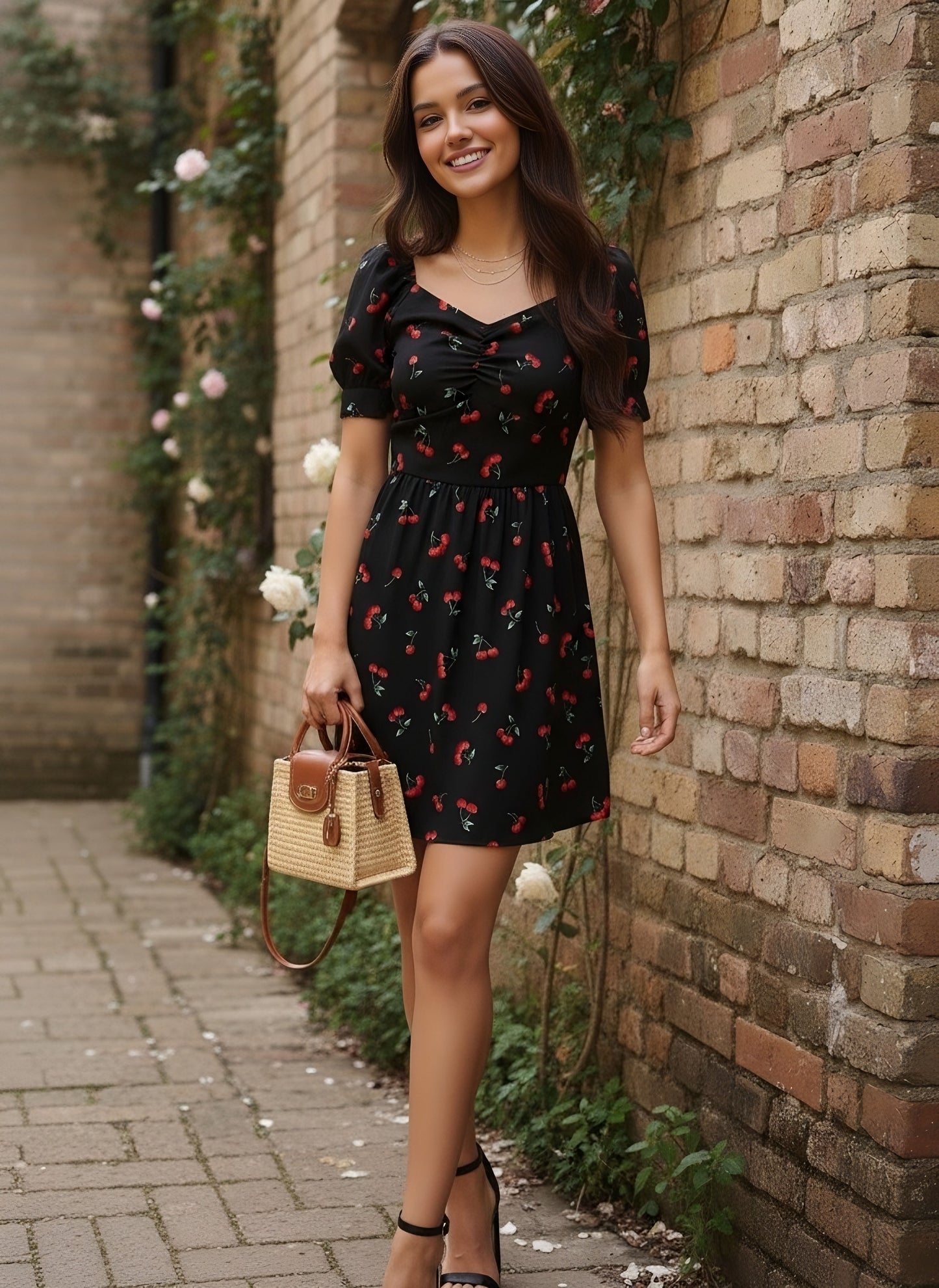 Berrylush Women Black Cherry Printed Sweetheart Neck Fit & Flare Mini Dress