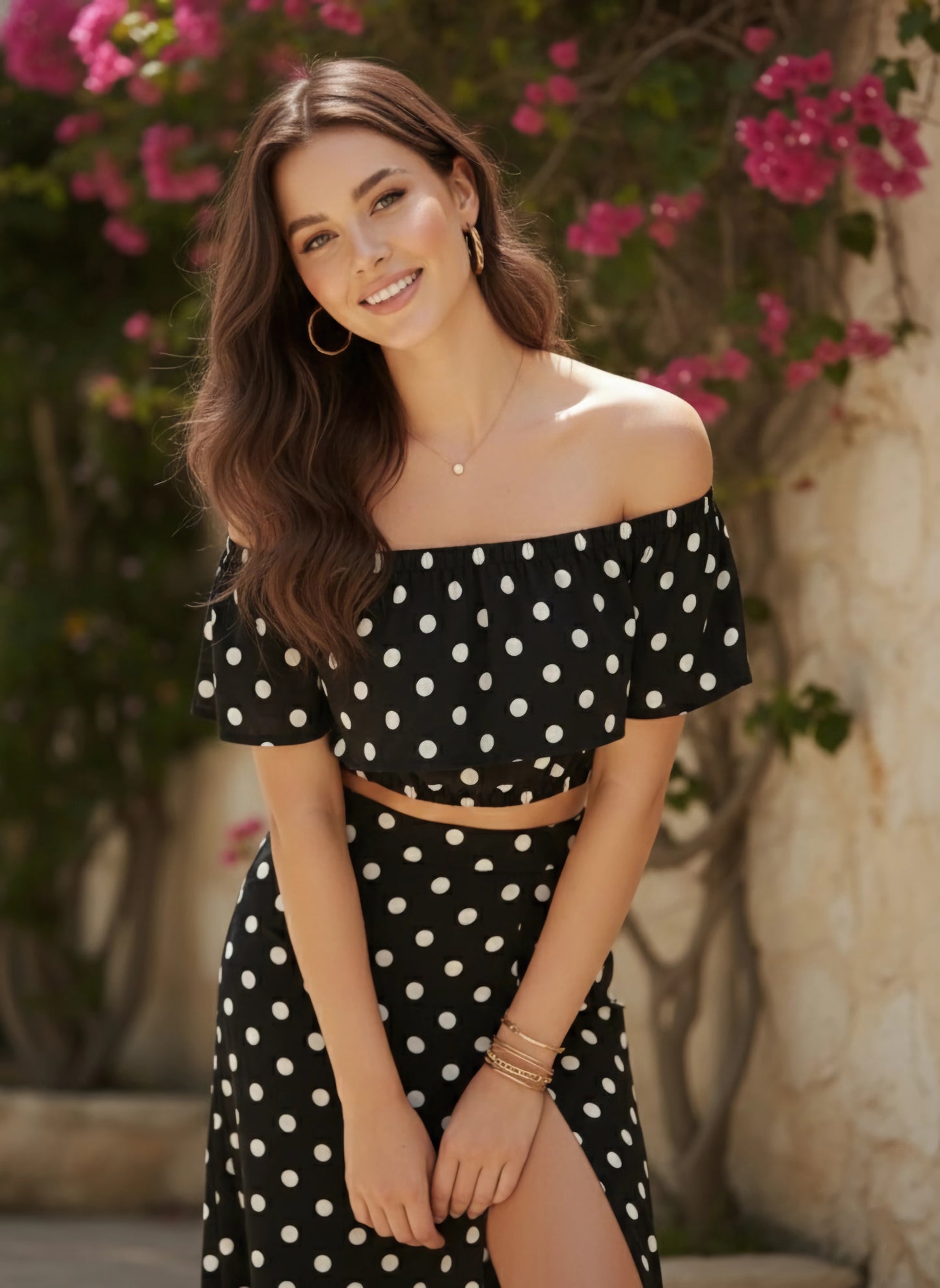 Berrylush Women Black & White Polka Dot Printed Off-Shoulder Co-Ordinate Maxi Dress