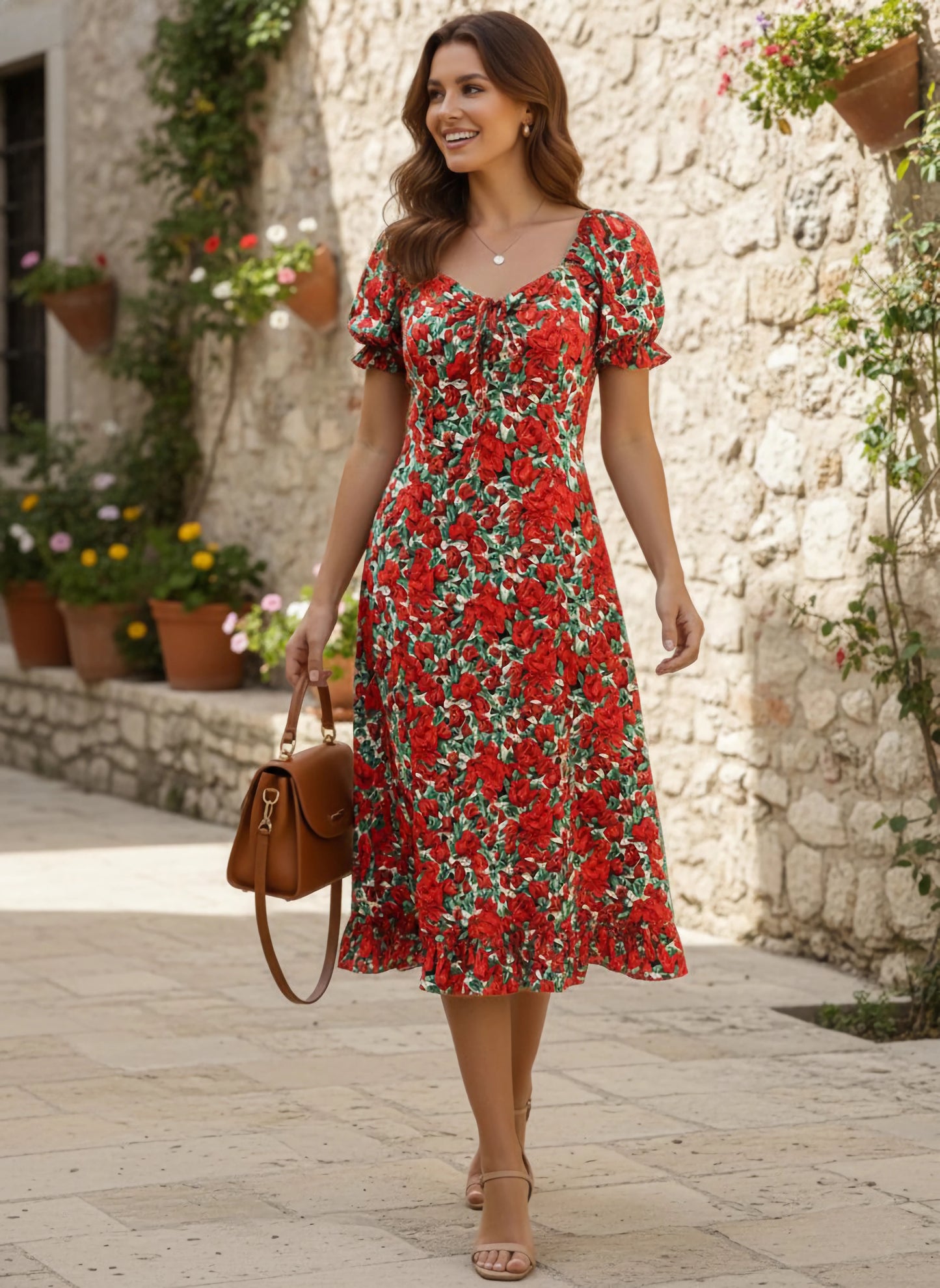 Berrylush Women Red & Green Floral Printed Crepe A-Line Midi Dress