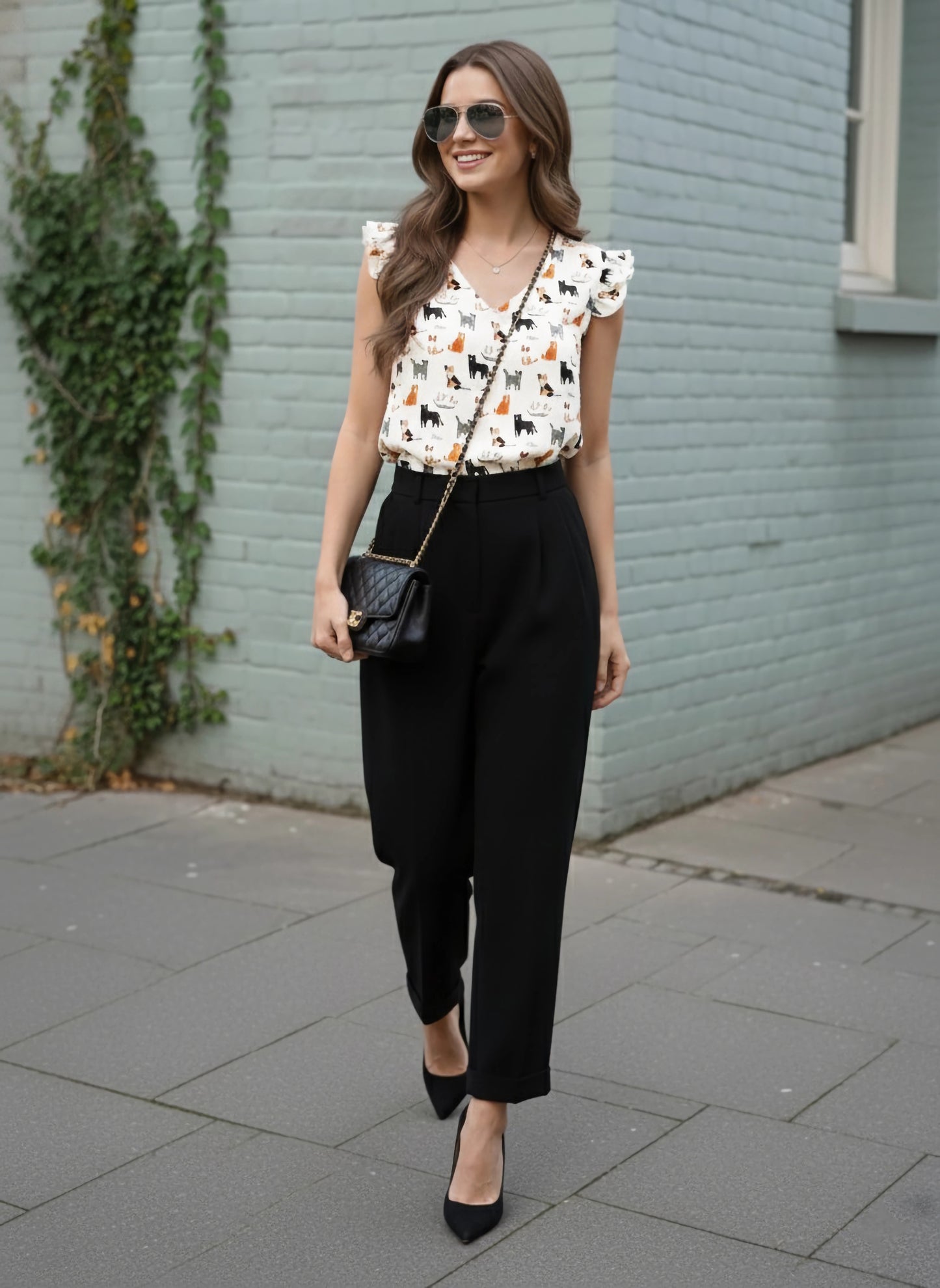 Berrylush Women White Cat Printed V-Neck Flutter Sleeve Crepe Regular Top