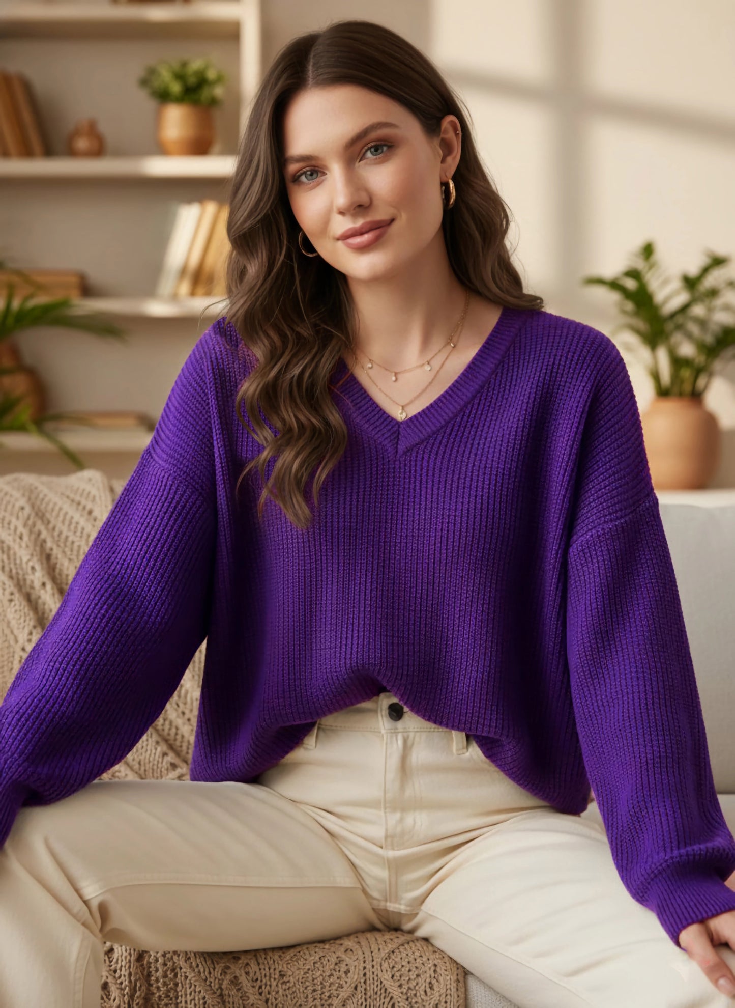 Berrylush Women Solid Purple V-Neck Acrylic Straight Hem Regular Pullover