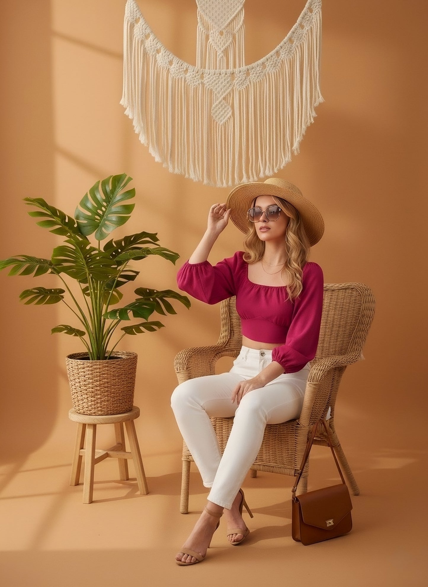 Berrylush Women Solid Pink Square Neck Puff Sleeves Waist Tie-Up Styled Back Pleated Crop Top