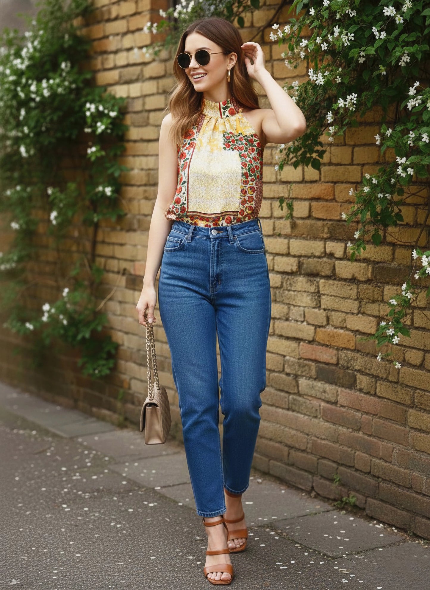 Berrylush Women Red & Yellow Ethnic Motifs Printed Halter Neck Sleeveless Button-Up Crepe Regular Top