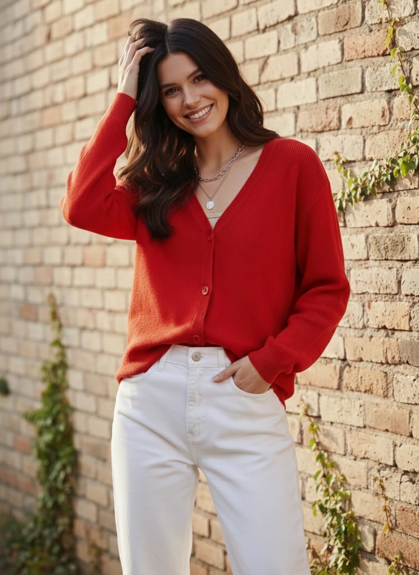 Berrylush Women Solid Red V-Neck Drop-Shoulder Sleeves Button-Up Ribbed Hem Regular Cardigan