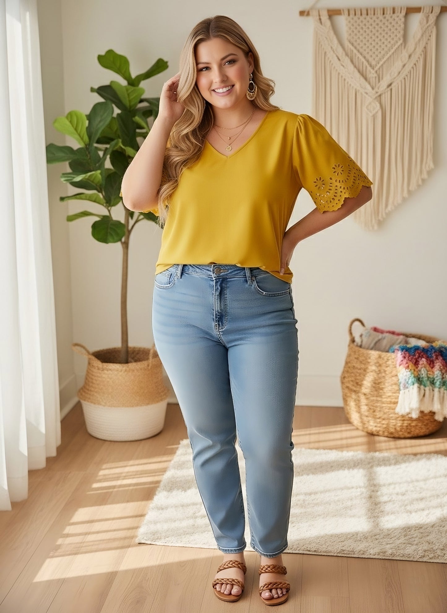 Berrylush Women Plus Size Solid Yellow V-Neck Cutout Sleeve Crepe Regular Top
