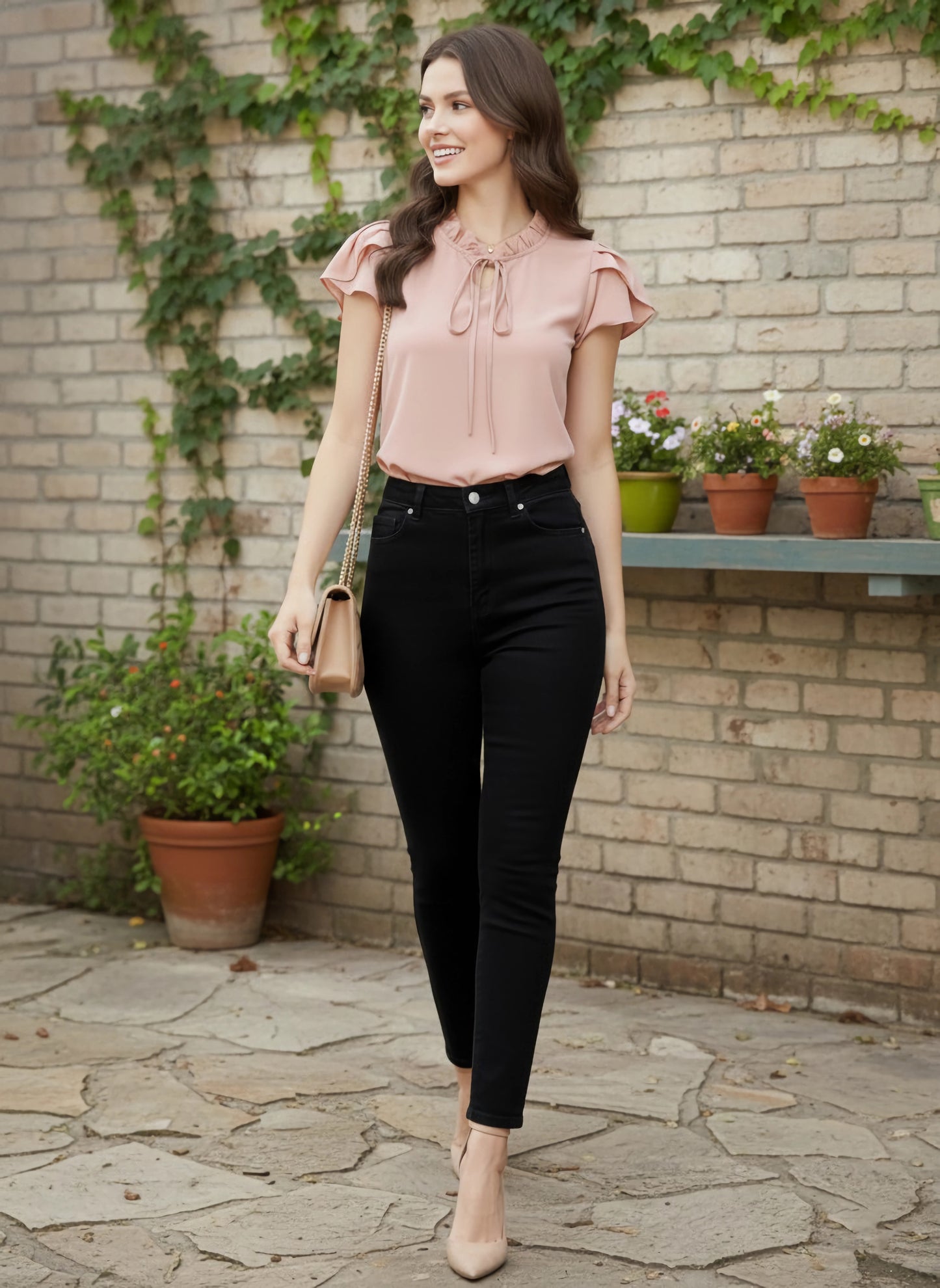 Berrylush Women Solid Pink Tie-Up Neck Crepe Ruffled Regular Top