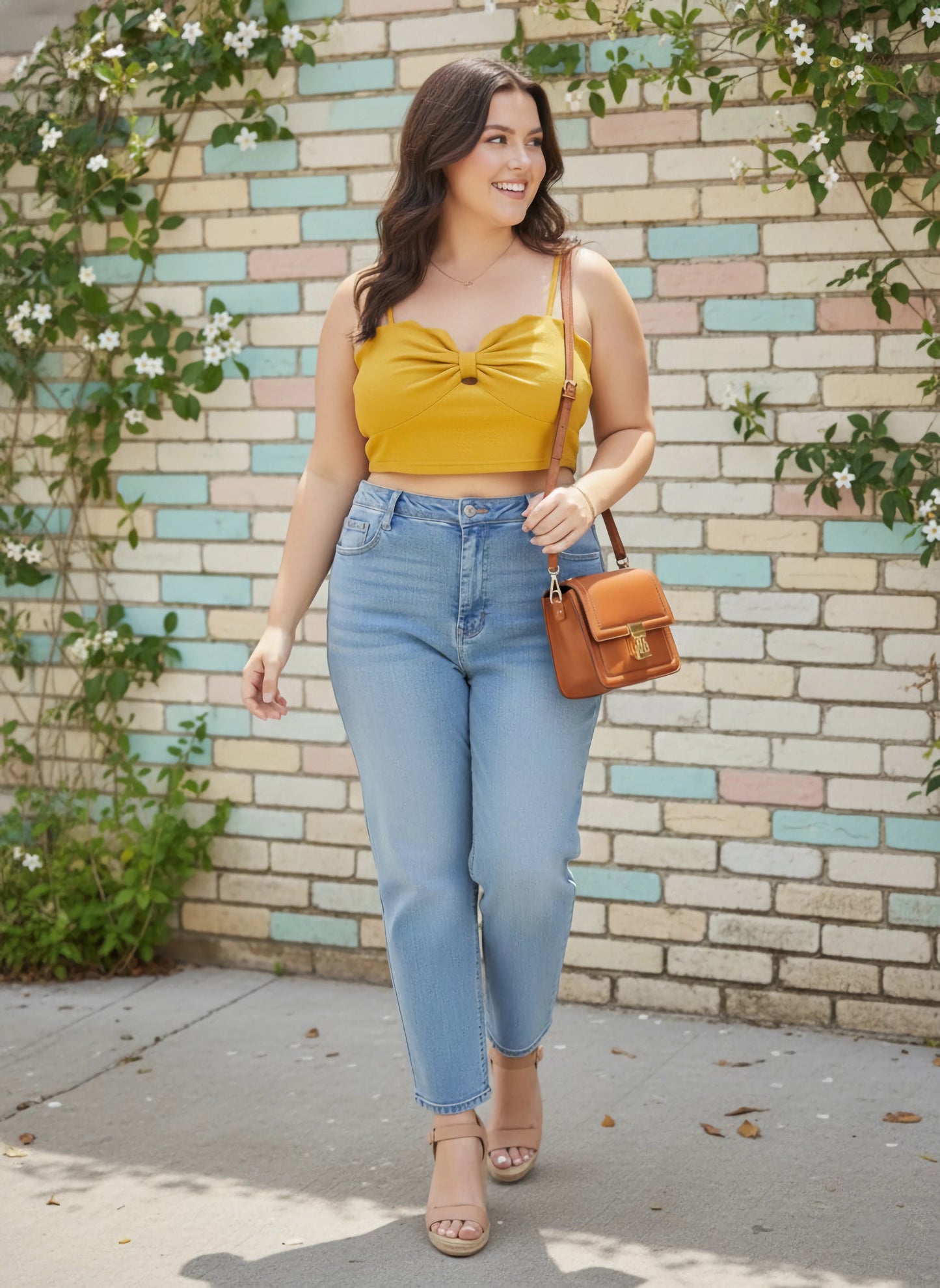 Plus Size Solid Yellow Sweetheart Neck Sleeveless Front Knot Scalloped Crop Top