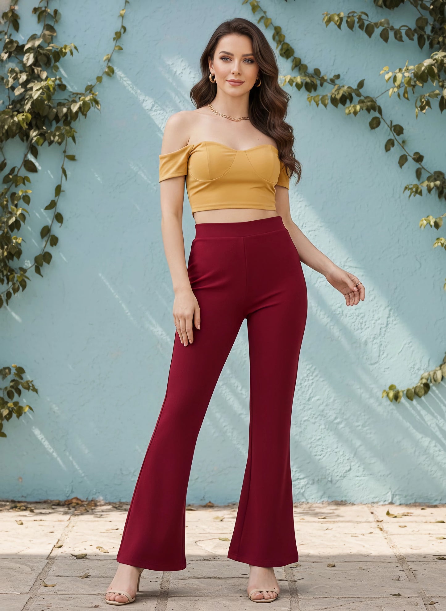 Berrylush Women Solid Red High-Rise Waist Front-Flat Pleat Wide-Leg Knitted Regular Trousers