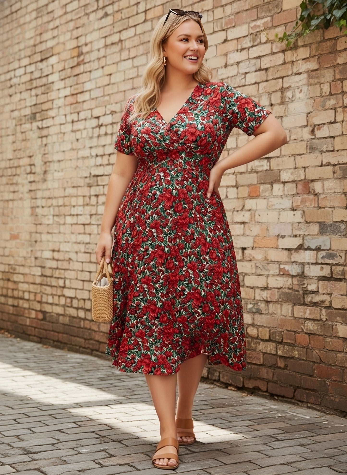 Berrylush Women Plus Size Red & Green Floral Printed V-Neck Crepe Flared Wrap Midi Dress