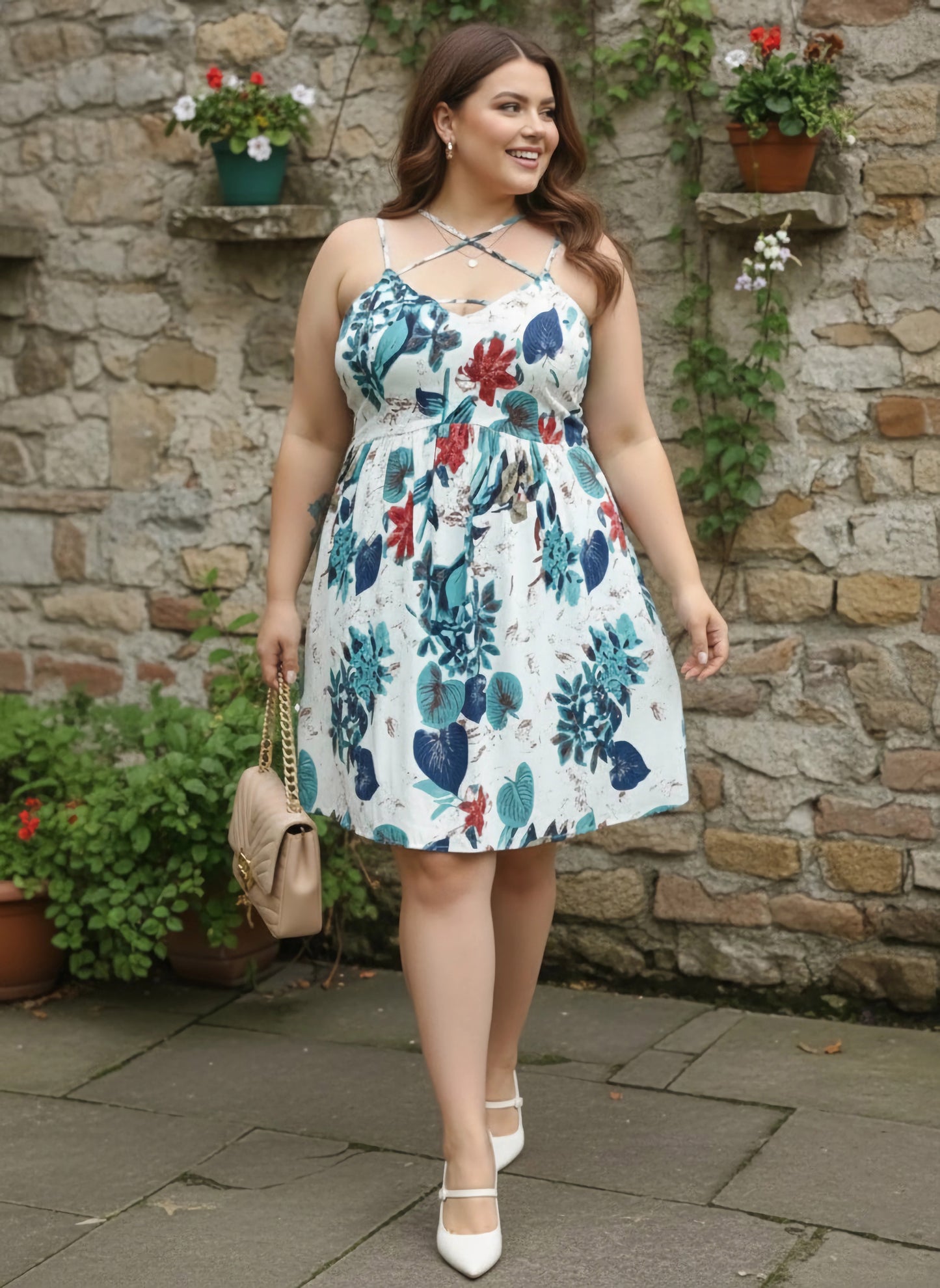 Plus Size White & Blue Tropical Printed V-Neck Sleeveless Pleated Fit & Flare Mini Dress