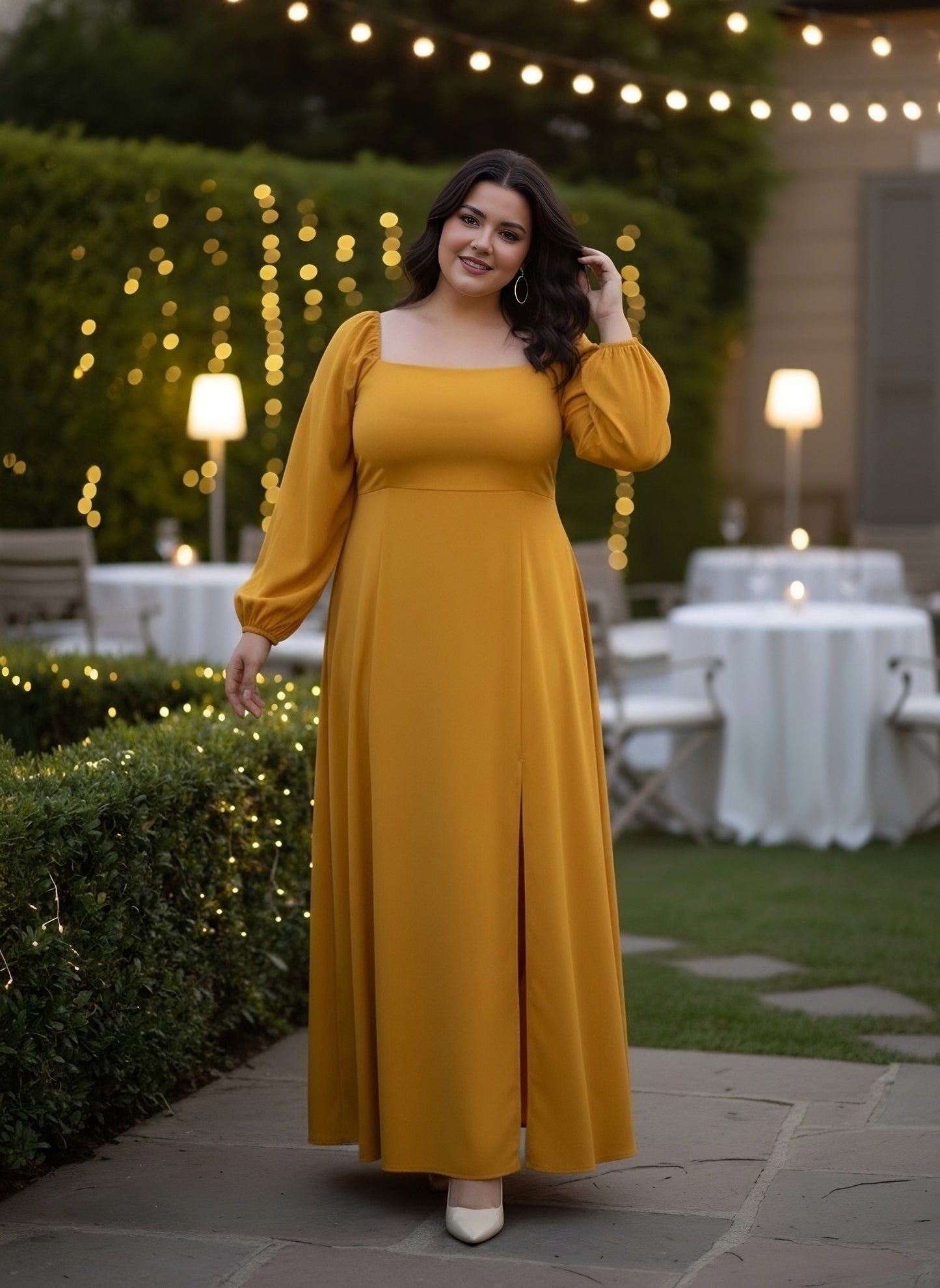 Berrylush Women Plus Size Solid Yellow Square Neck Puff Sleeves Thigh-High Slit Fit & Flare Maxi Dress