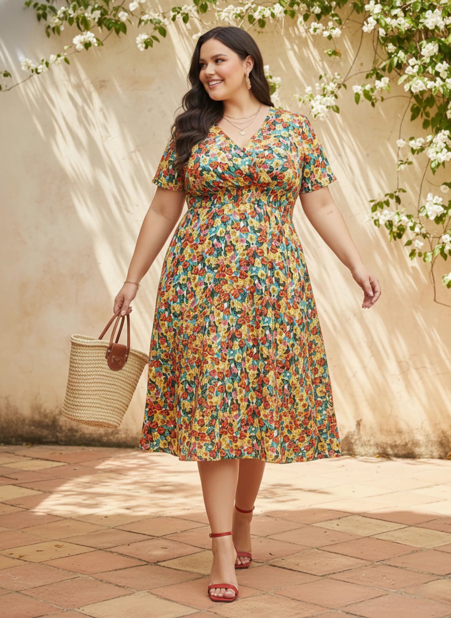 Plus Size Red, Yellow, & Green Floral Printed V-Neck Crepe Flared Wrap Midi Dress
