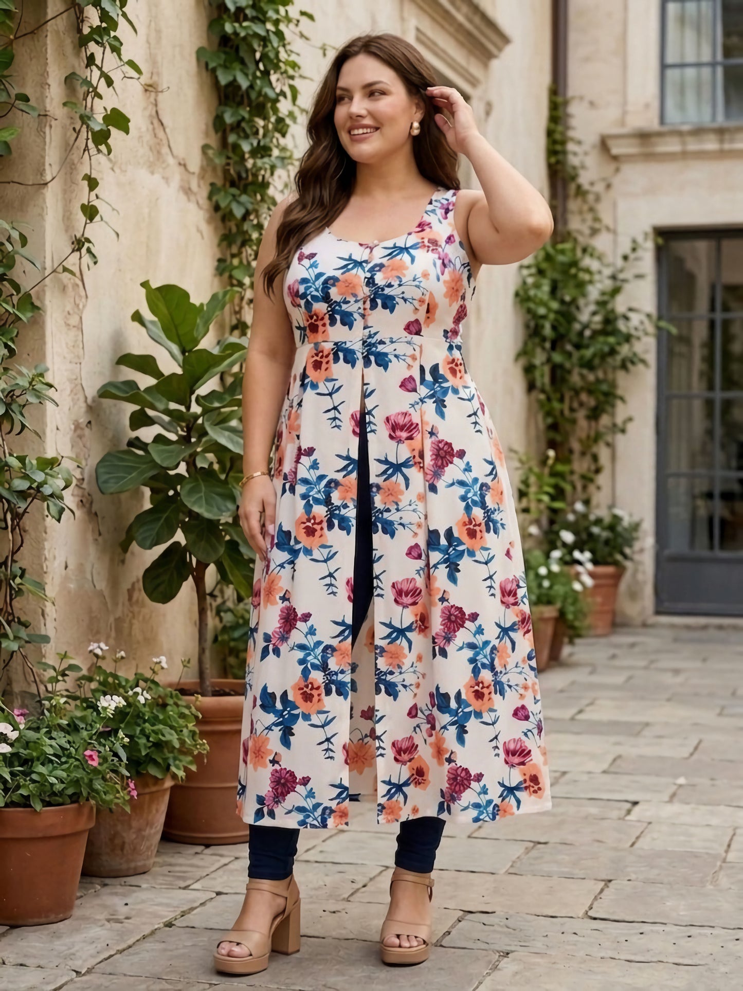 Curve White, Blue, & Orange Floral Printed Round Neck Sleeveless Front-Slit Flared A-Line Calf-Length Kurta