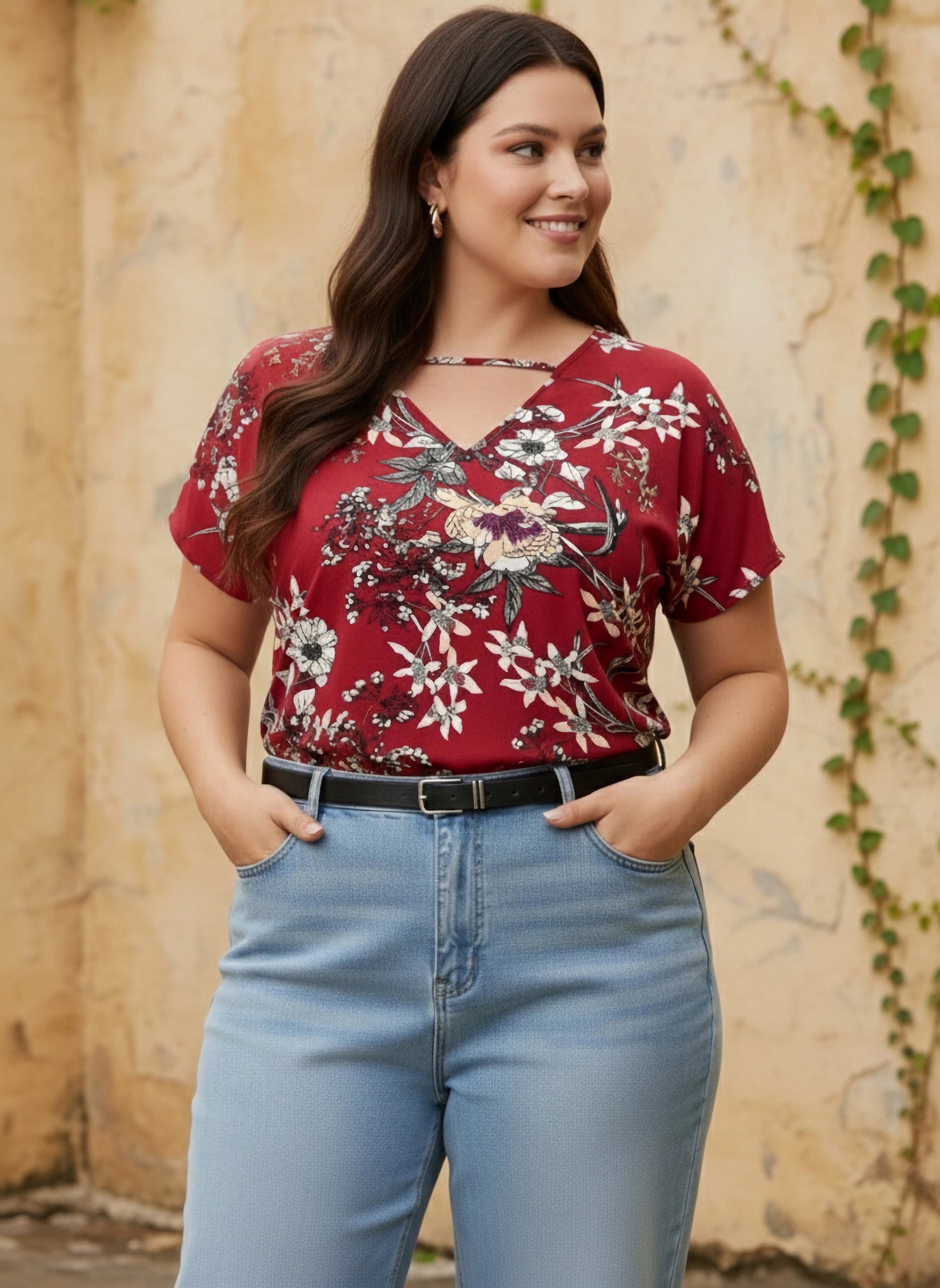 Curve Red & White Floral Printed V-Neck Woven Front Single-Strip Crepe Regular Top