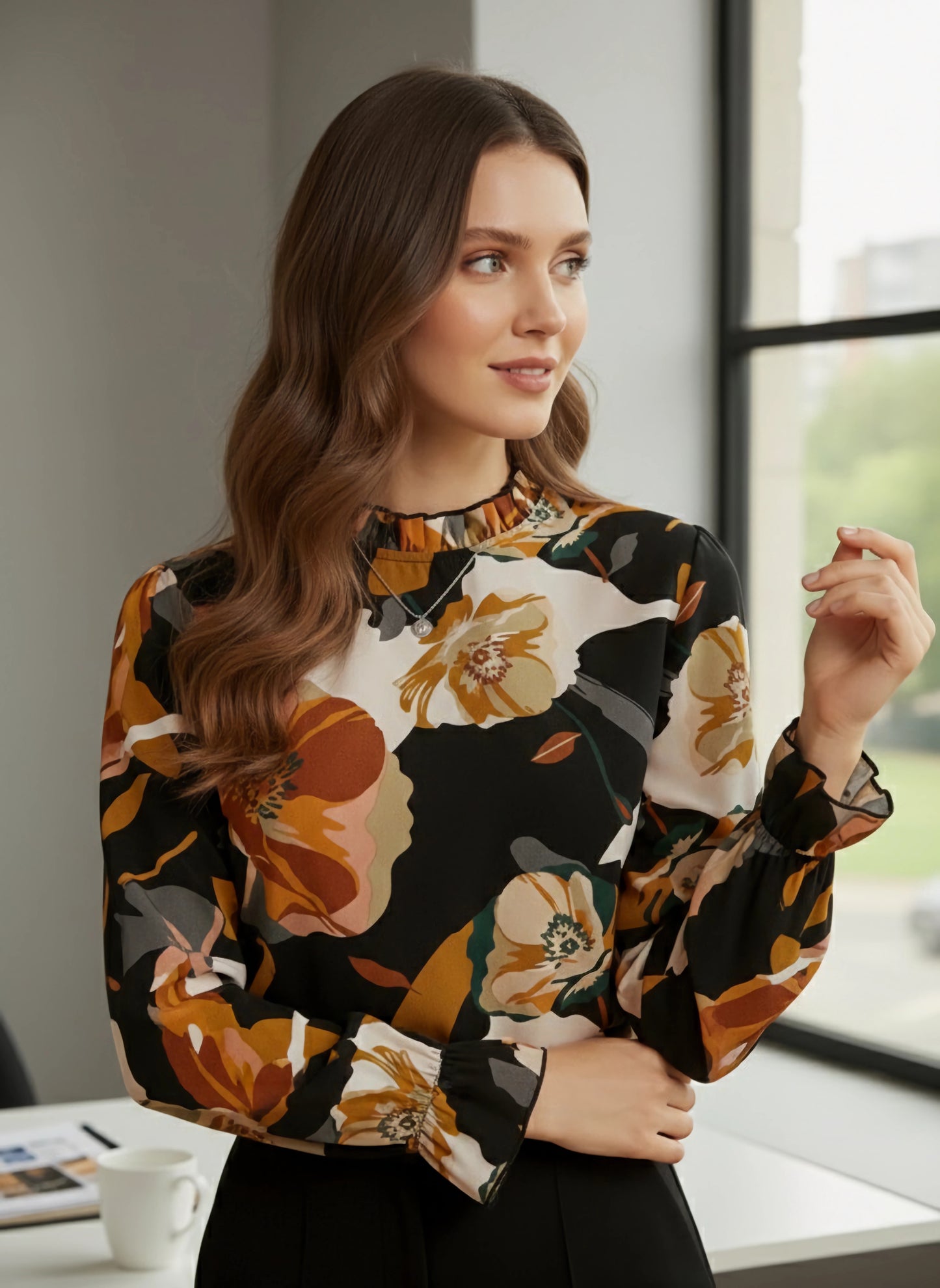 Berrylush BIZwear Women Black & Orange Floral Printed High-Neck Bishop Sleeve Ruffled Regular Top