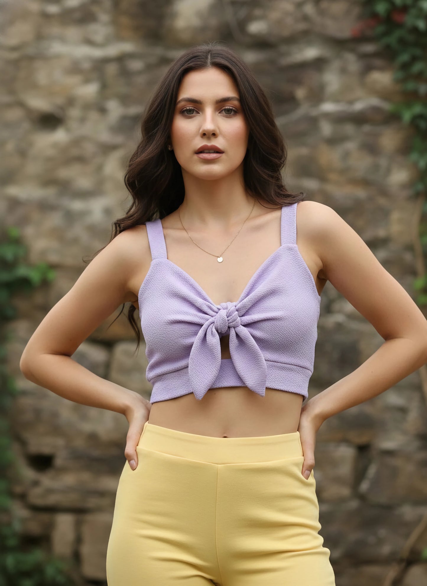 Berrylush Women Solid Lavender Tie-Up Neck Front Cutout Sleeveless Crepe Knitted Crop Bralette Top