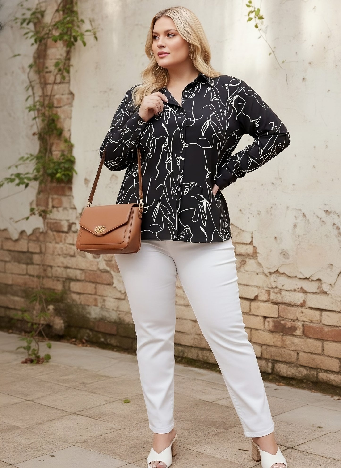 Berrylush Women Plus Size Black & White Abstract Printed Spread Collar Neck Button-Up Curved Hem Regular Shirt