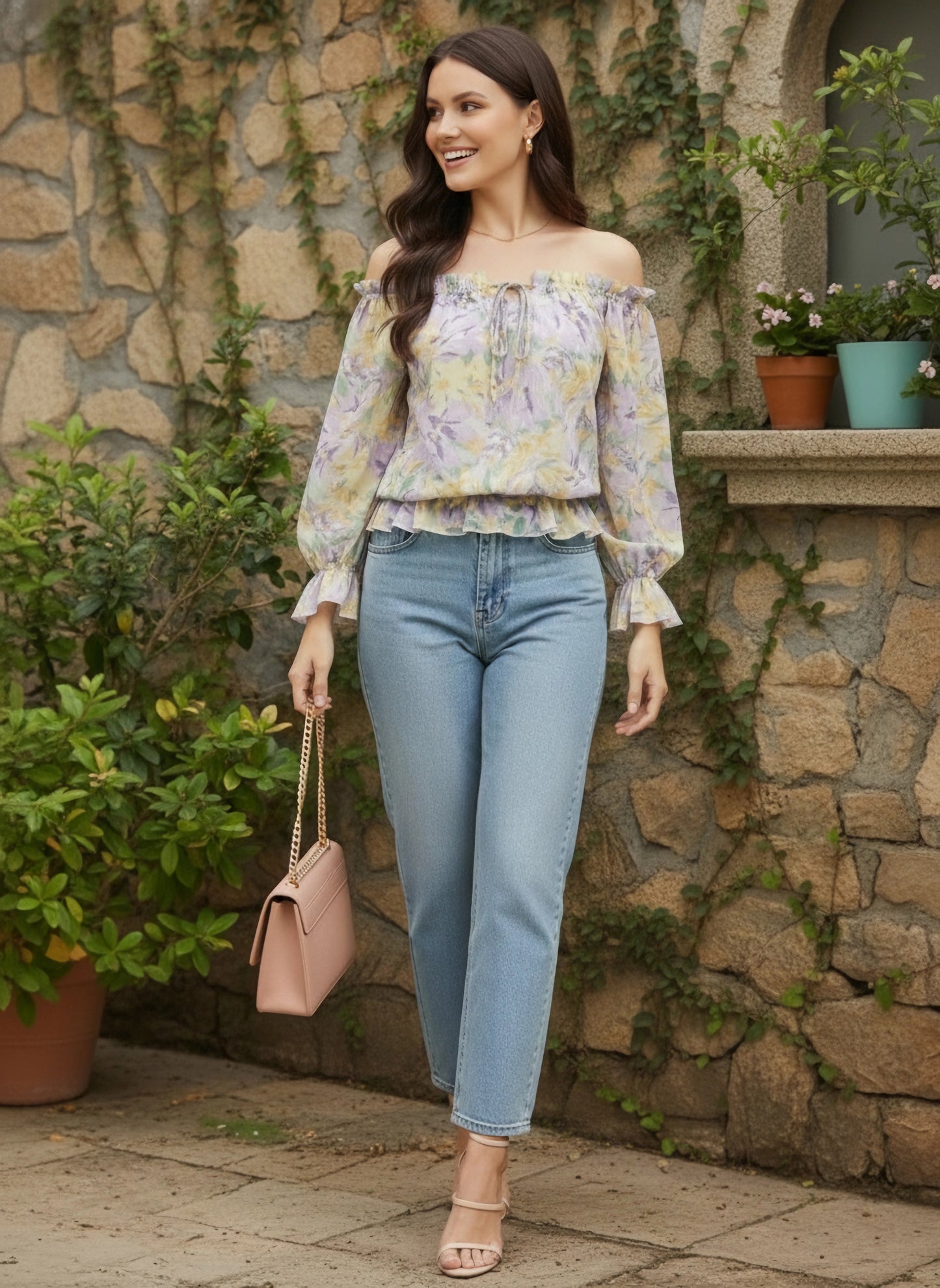 Purple & Yellow Floral Printed Off-Shoulder Neck Tie-Up Ruffled Regular Peplum Top