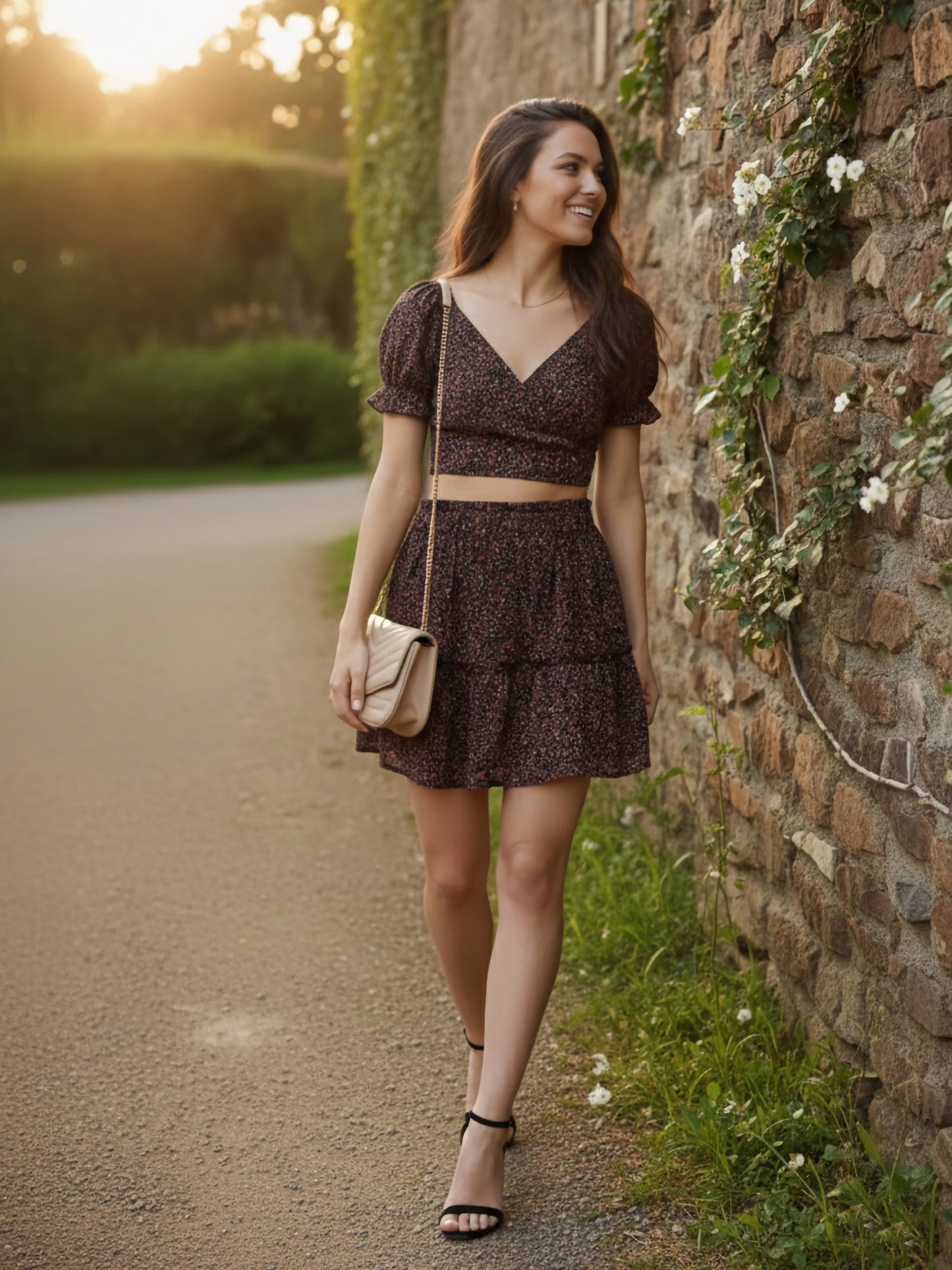 Berrylush Women Black Floral Printed Sweetheart Co-Ordinate Dress