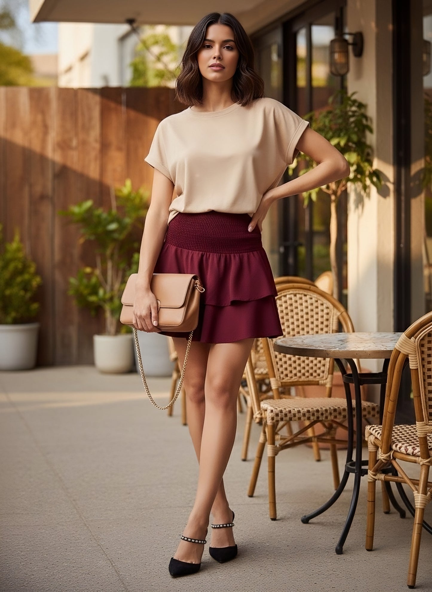 Berrylush Women Solid Maroon High-Rise Smocked Waist Slip-On Layered Mini Skirt