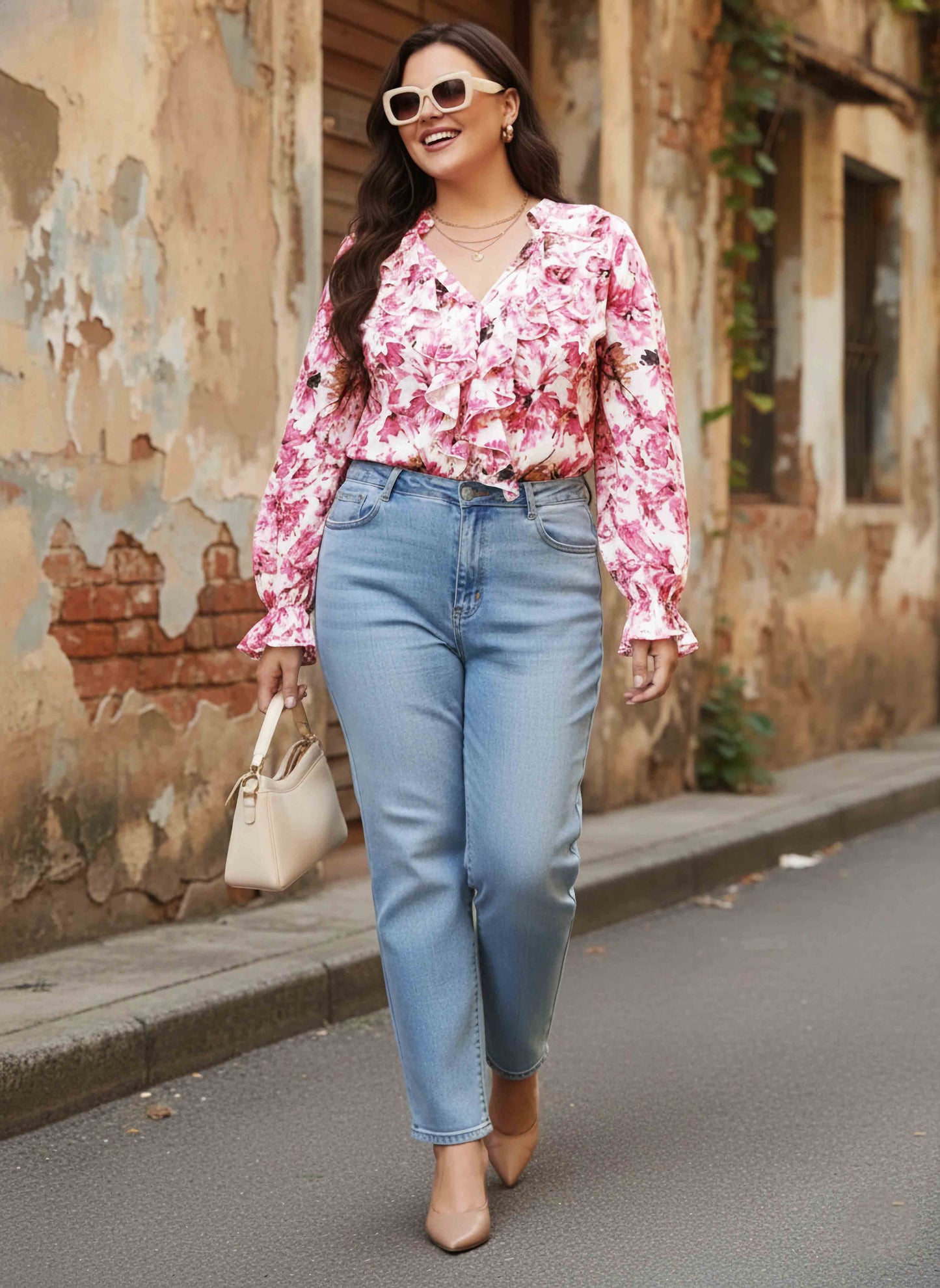 Berrylush Women Plus Size Pink & White Floral Printed V-Neck Button-Up Georgette Ruffled Regular Top