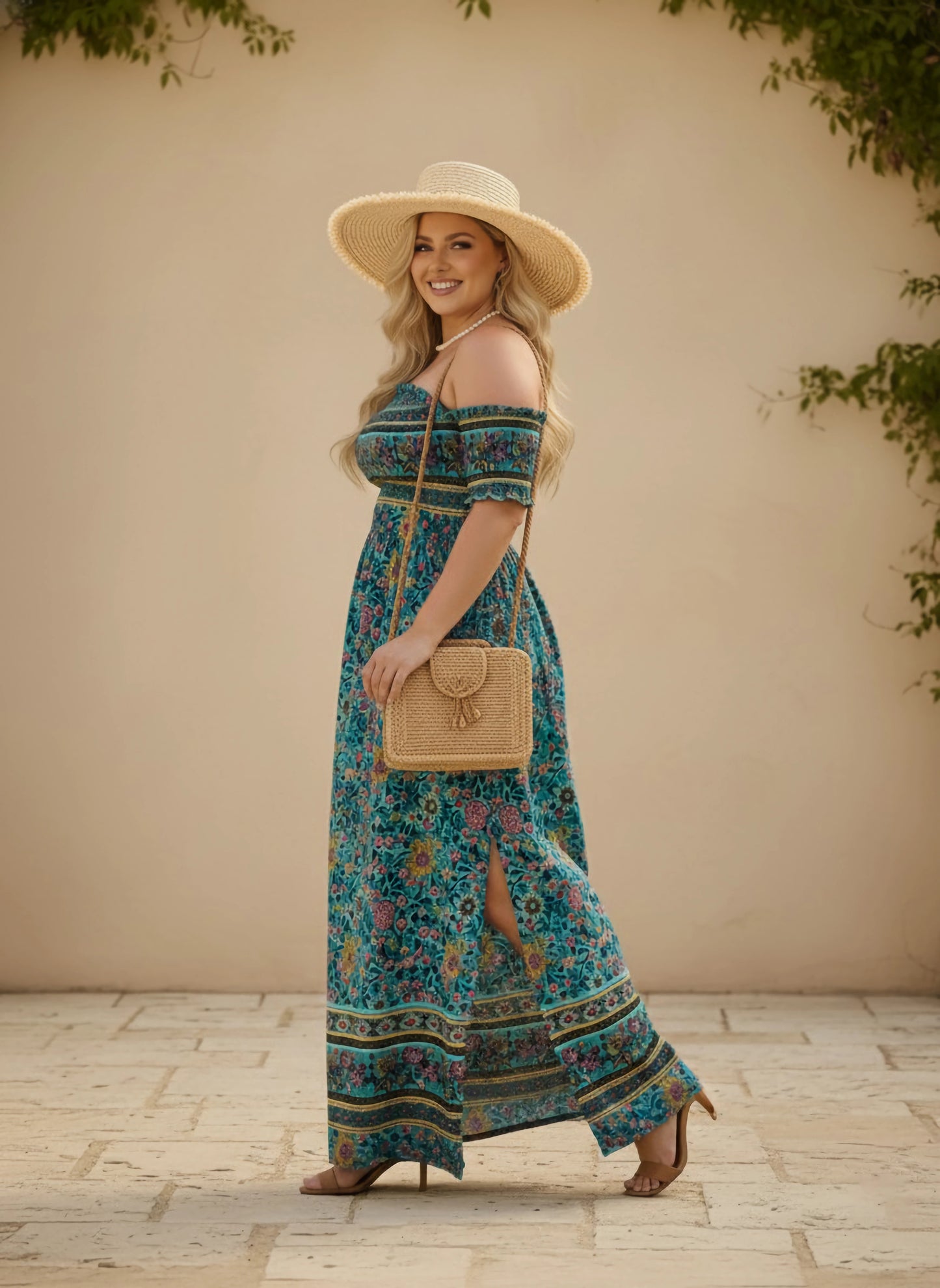 Berrylush Curve Women Blue & Multicolour Floral Printed Off-Shoulder Neck Frill Sleeves Thigh-High Slit Smocked A-Line Maxi Dress