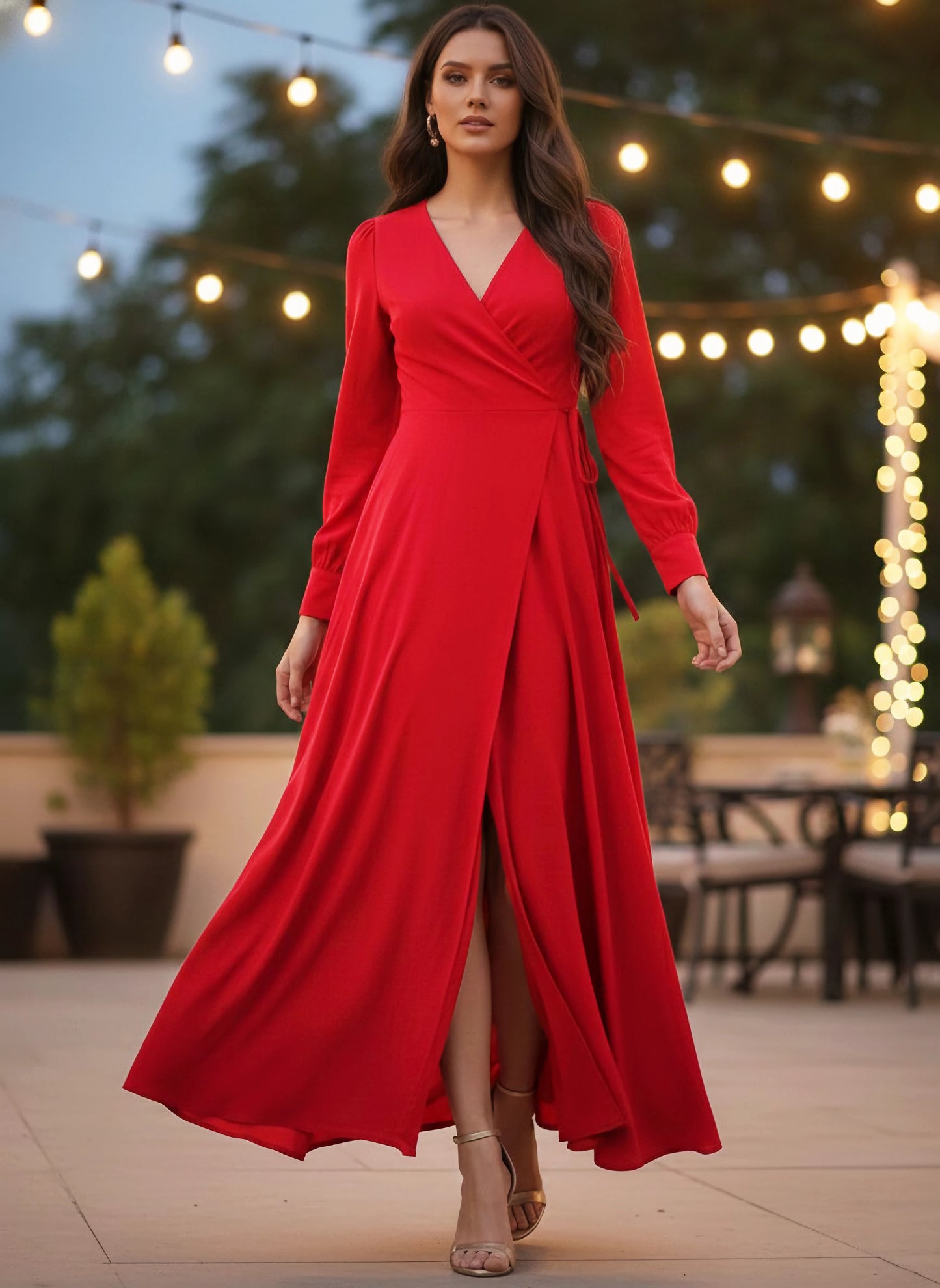 Berrylush Women Solid Red V-Neck Waist Tie-Up Thigh-High Slit Flared Maxi Dress