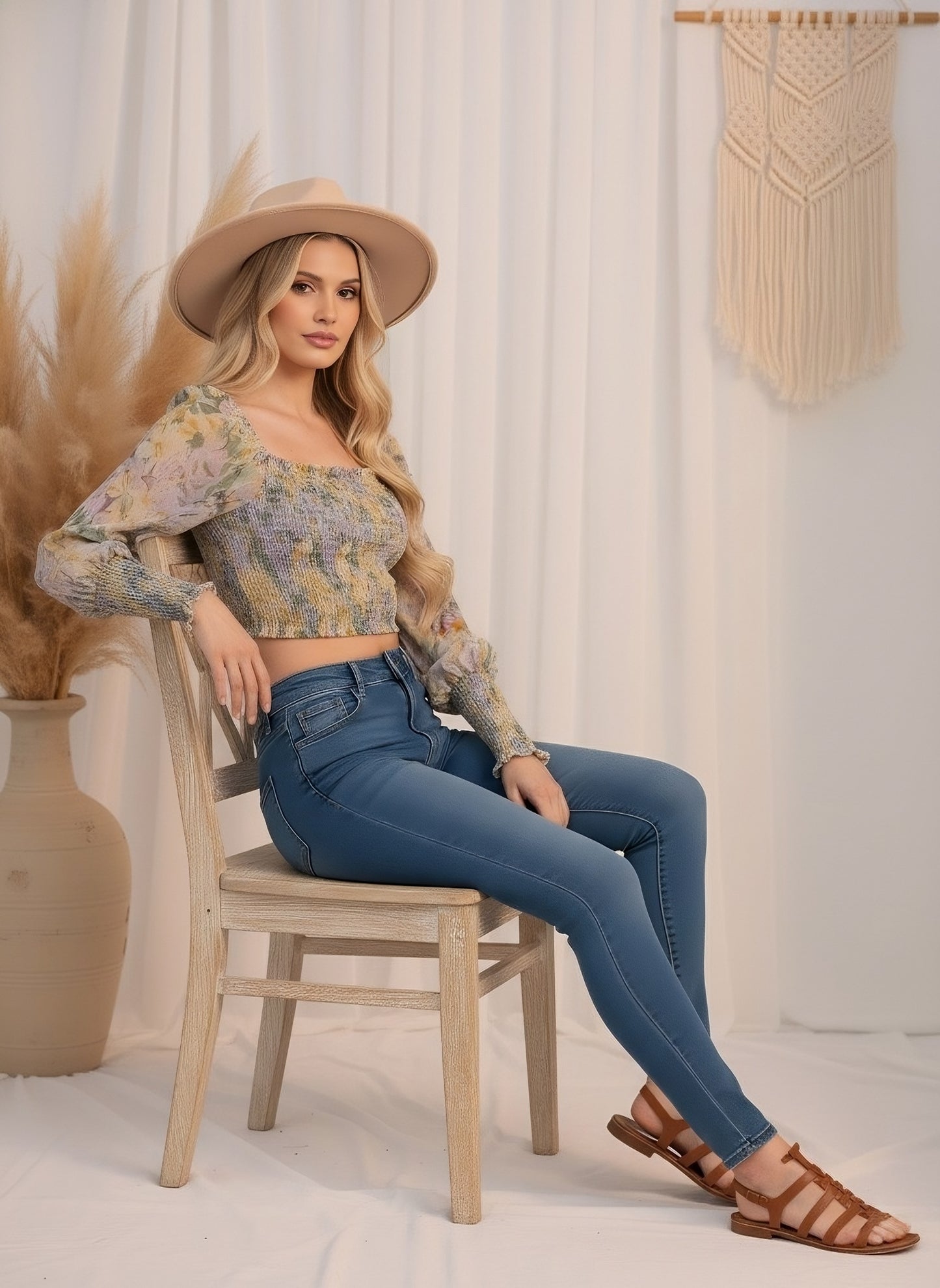 Berrylush Women Purple & Yellow Floral Printed Square Neck Bishop Sleeves Georgette Smocked Crop Top