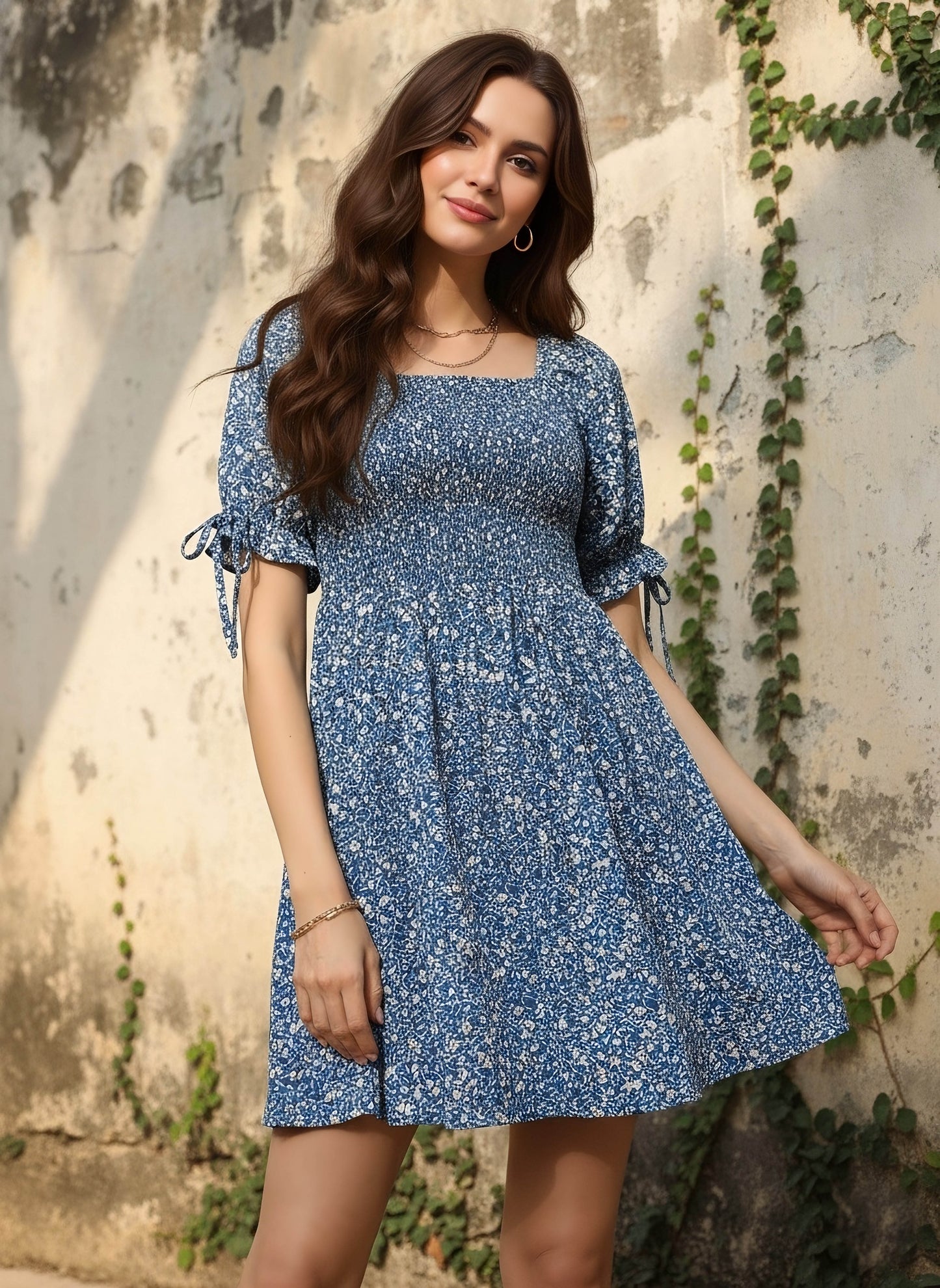 Berrylush Women Blue & White Floral Printed Square Neck Smocked Back Crepe A-Line Mini Dress