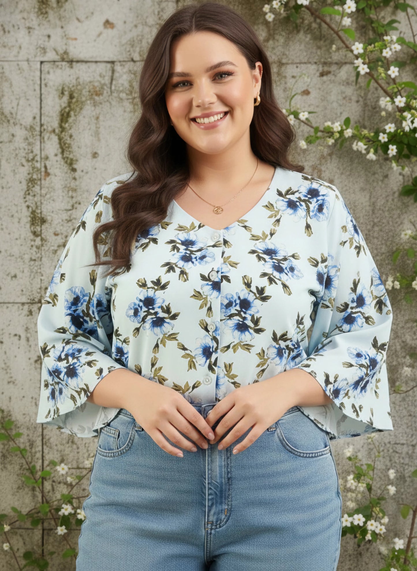 Berrylush Curve Women Green & Blue Floral Printed V-Neck Batwing Sleeves Front Button-Up Regular Top