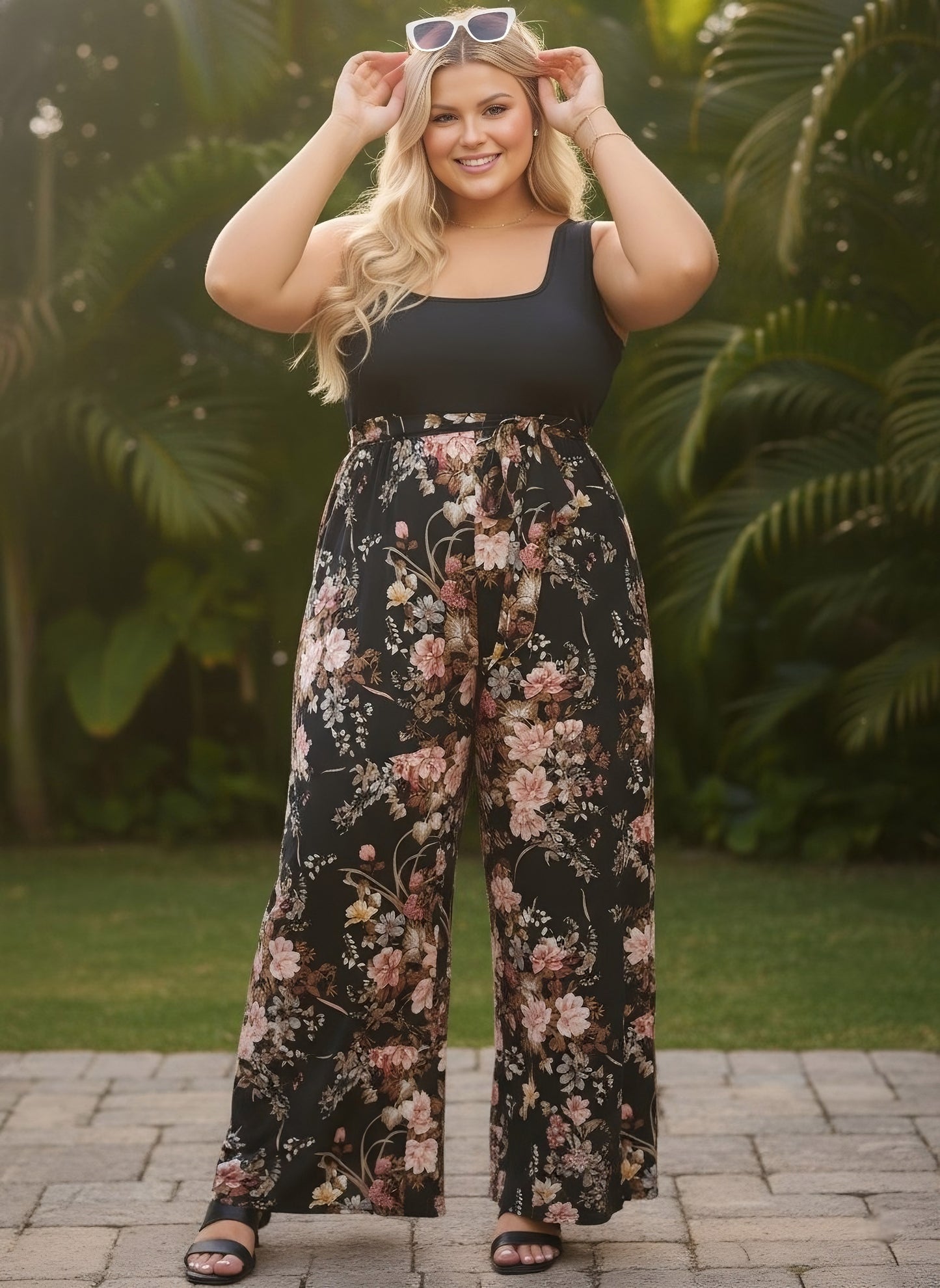 Berrylush Curve Women Black Floral Printed Square Neck Sleeveless Scoop Back Waist Tie-Up Wide-Leg Pleated Maxi Jumpsuit