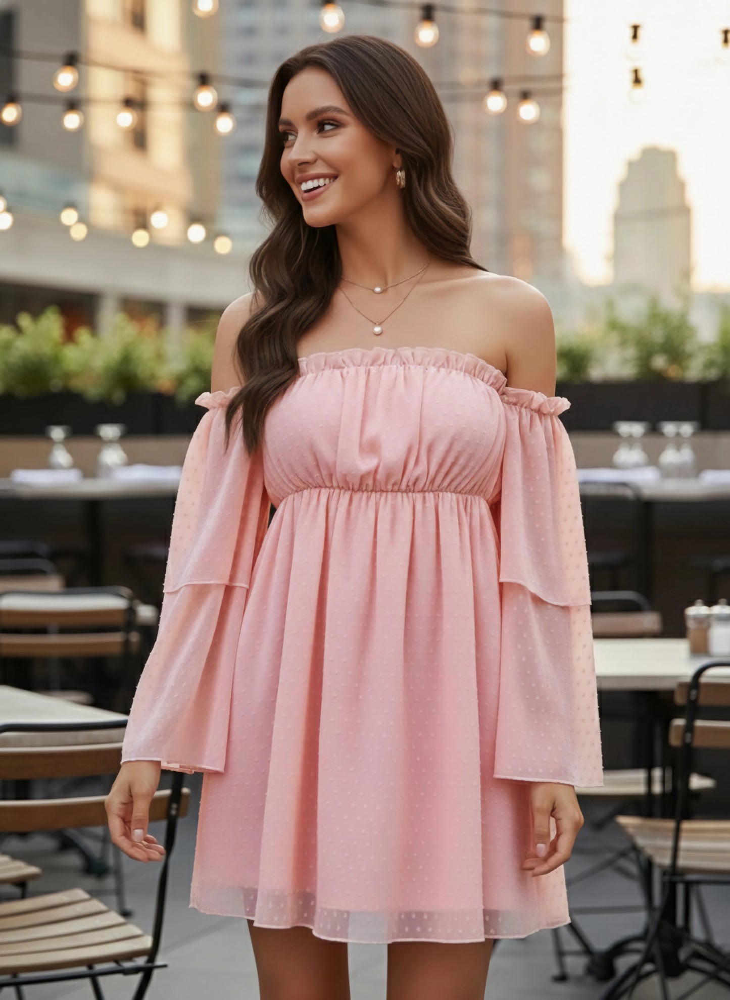 Solid Pink Dobby Weave Off-Shoulder Neck Flutter Sleeve Ruffled A-Line Mini Dress
