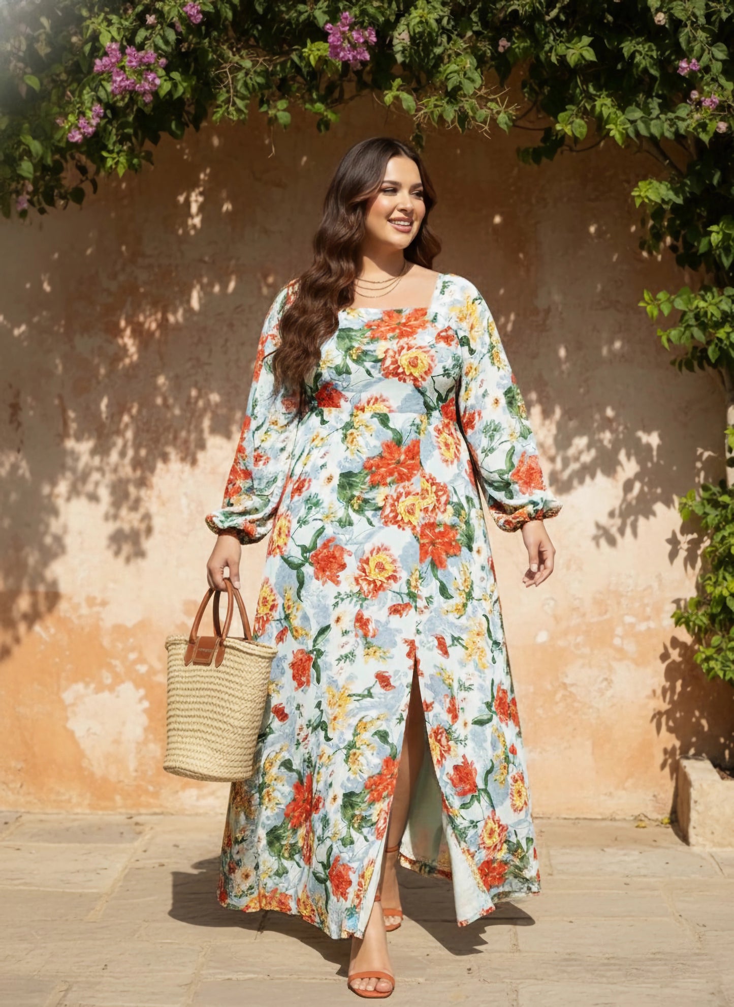 Berrylush Women Plus Size Blue & Orange Floral Printed Square Neck Georgette Thigh-High Slit Flared Maxi Dress